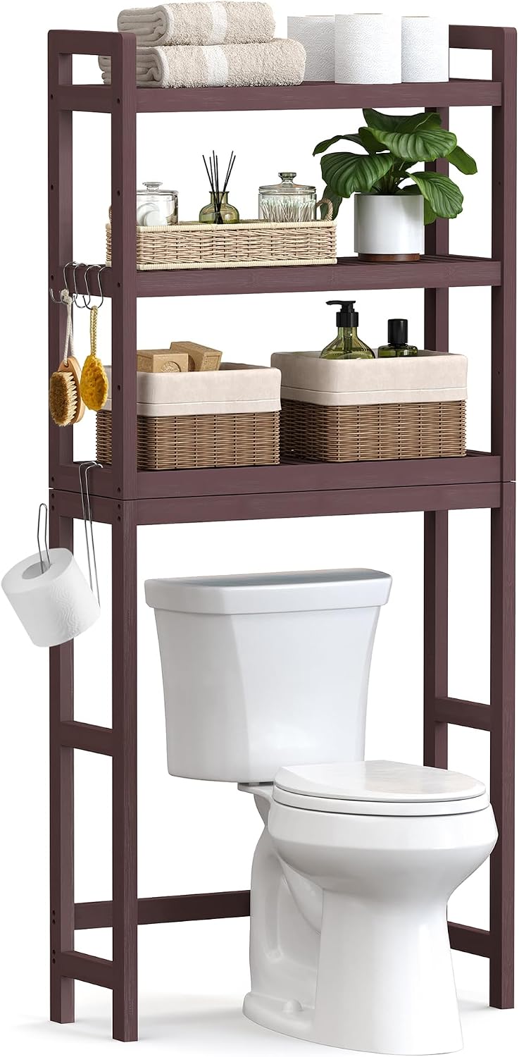 SONGMICS Over The Toilet Storage, 3-Tier Over Toilet Bathroom Organizer with Adjustable Shelf, 10.2 x 24.8 x 66.9 Inches, Space-Saving, Cloud White UBTS01WT