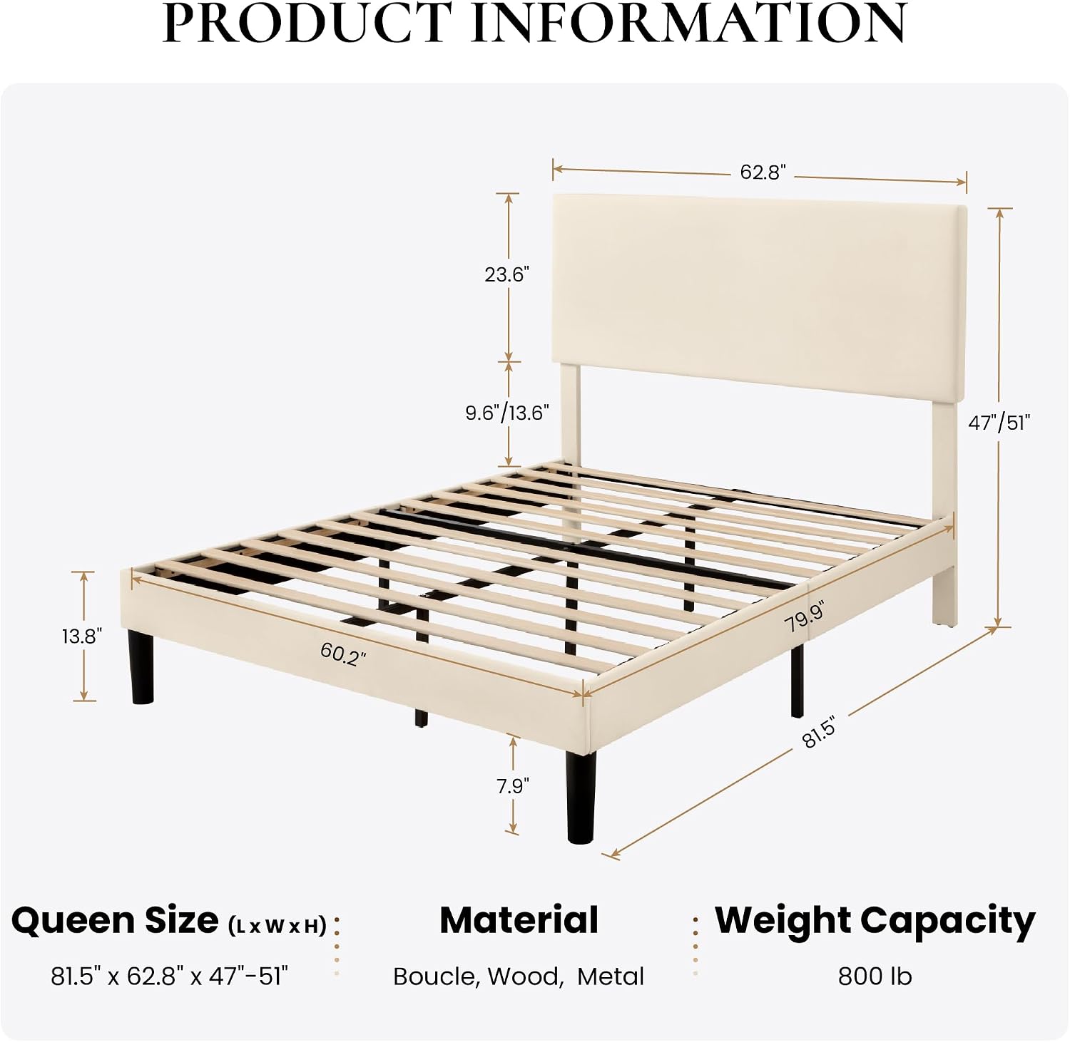 SHA CERLIN Boucle Upholstered Queen Size Bed Frame, White | Platform Bed with Adjustable Headboard, Wooden Slats Support, No Box Spring Needed, Noise-Free, Easy Assembly