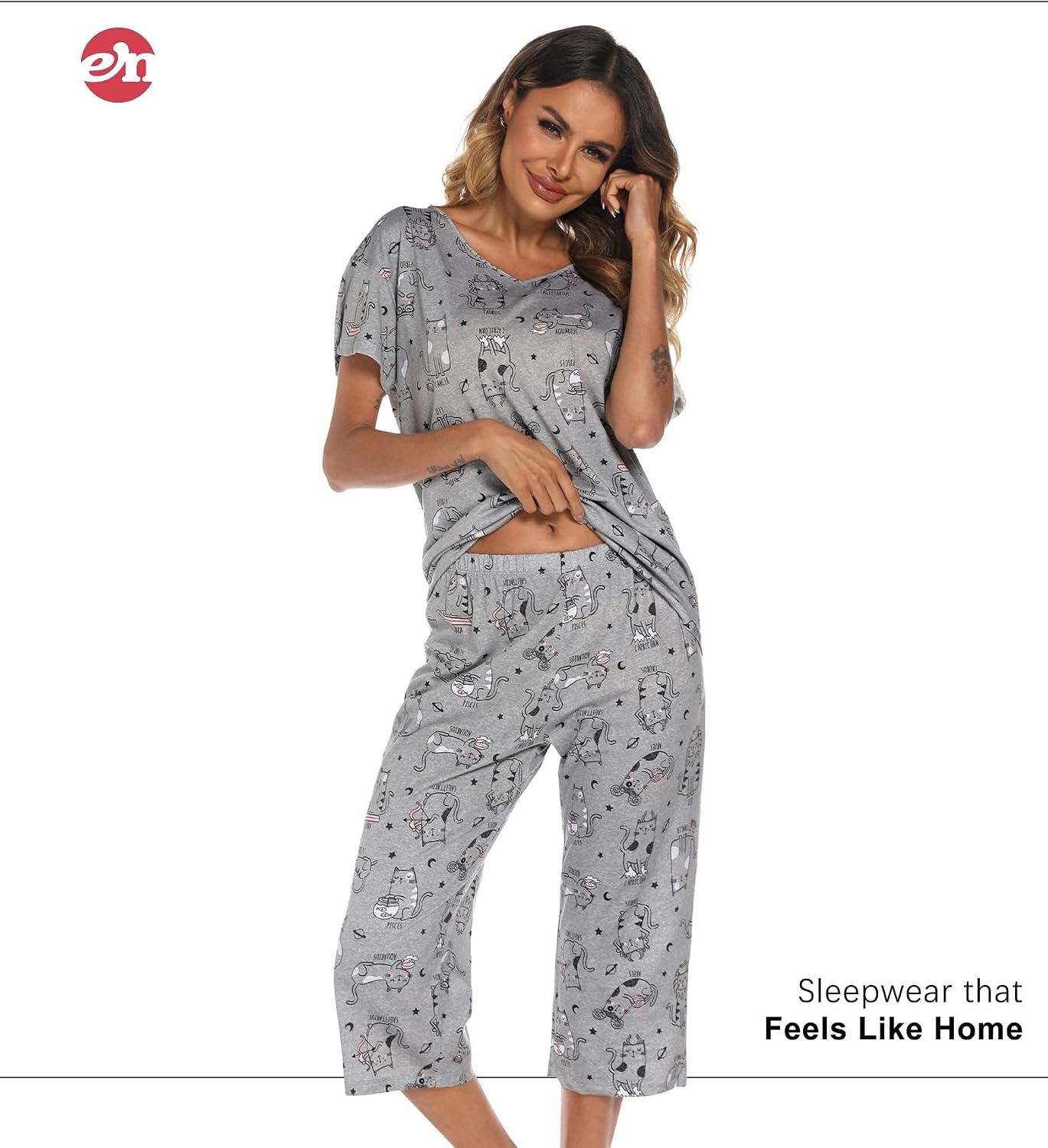 ENJOYNIGHT Womens Pajama Set Cotton Short Sleeve Top With Capri Pants Pj