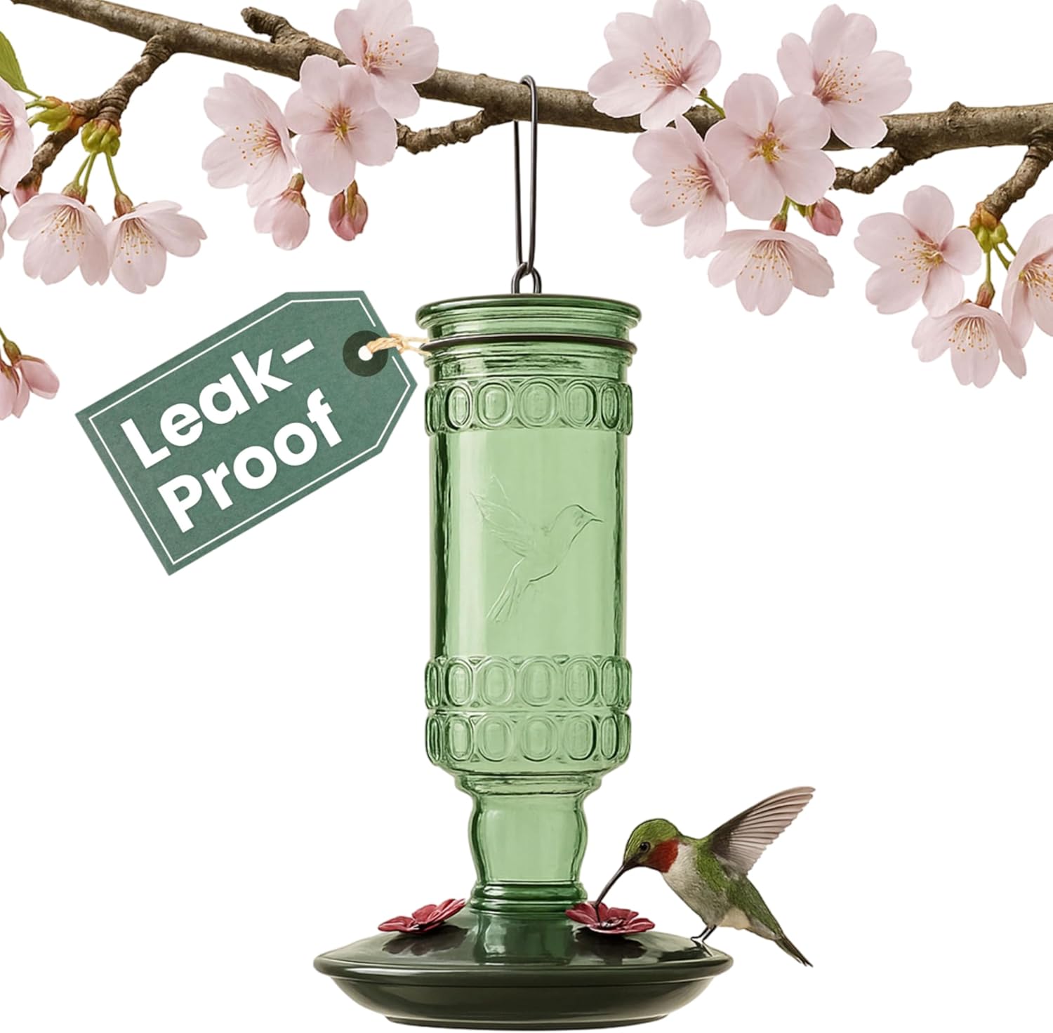 Perky-Pet Antique Glass Bottle Hummingbird Feeder, 10 oz Capacity, Green | 4 Feeding Ports for Outdoors Hanging Bird Feeders, Backyard Garden Décor