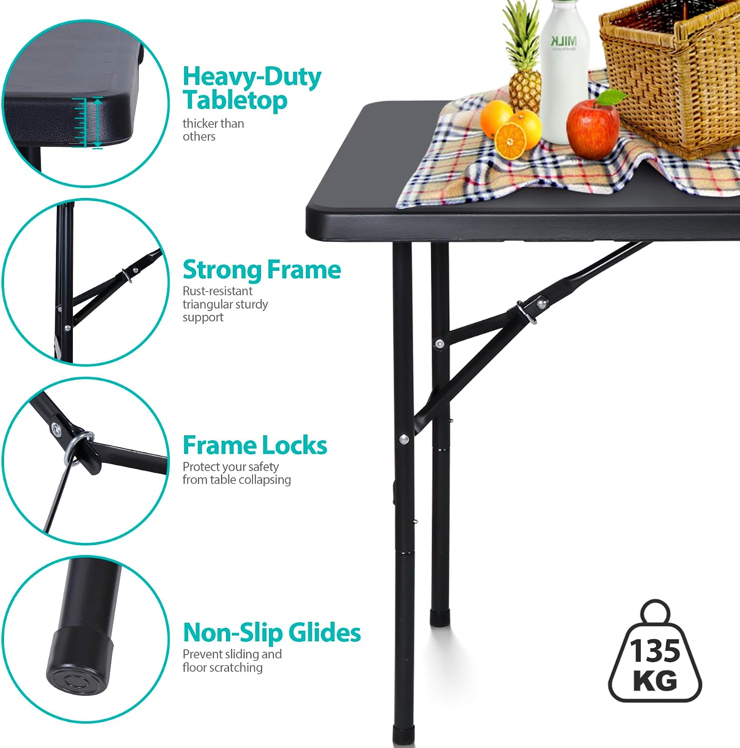 SUPER DEAL 6FT Folding Table for Indoor Outdoor, Portable Heavy Duty Fold-in-Half Plastic Dining Picnic Party Camping Table with Carrying Handle