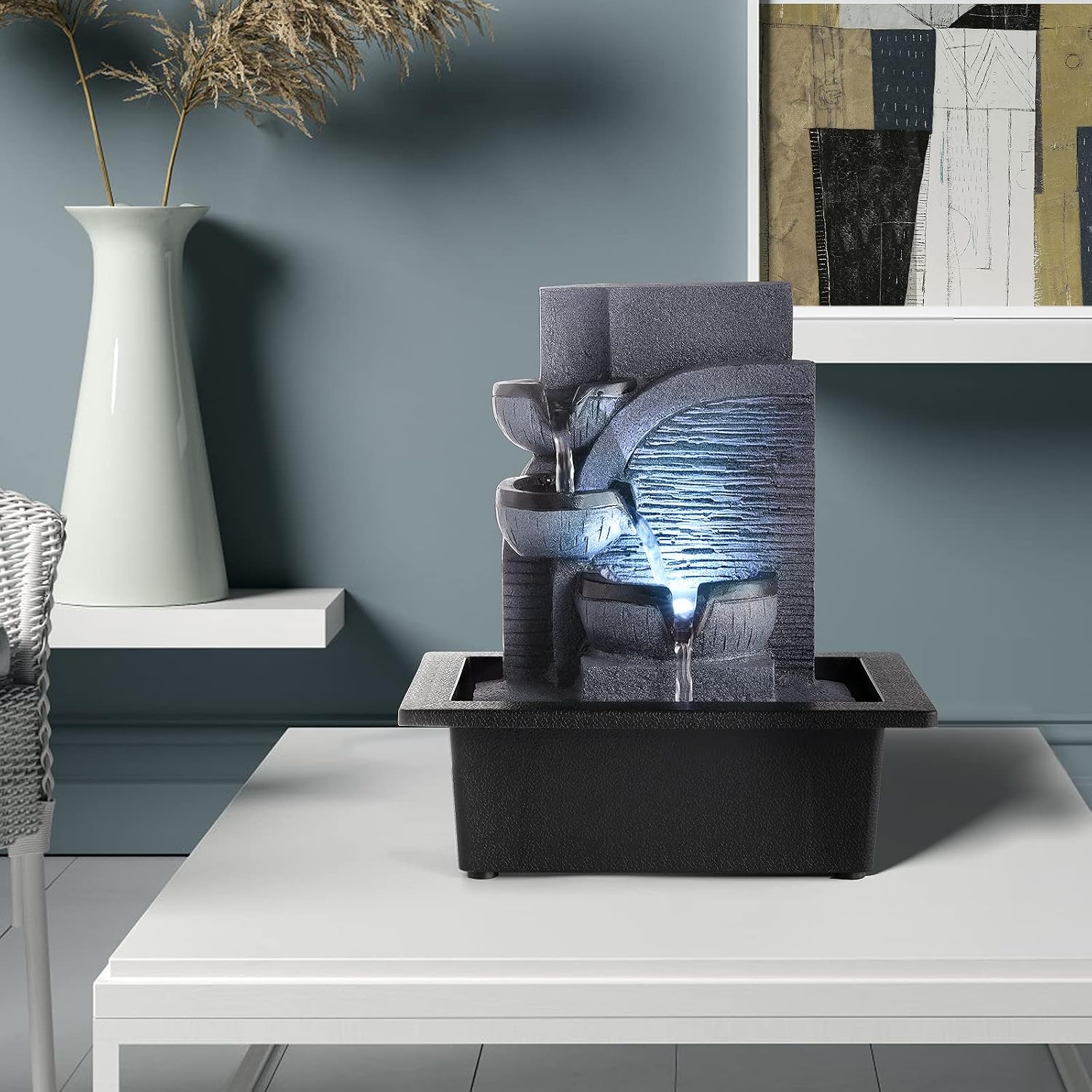 WICHEMI Indoor Water Fountain Tabletop Fountain Stacked Rock with LED Light | Relaxing Water Feature, Meditation Fountain, Soothing Sound, Stress Relief, For Home Office Bedroom Decor, 7.8"x7.8"x7.9"