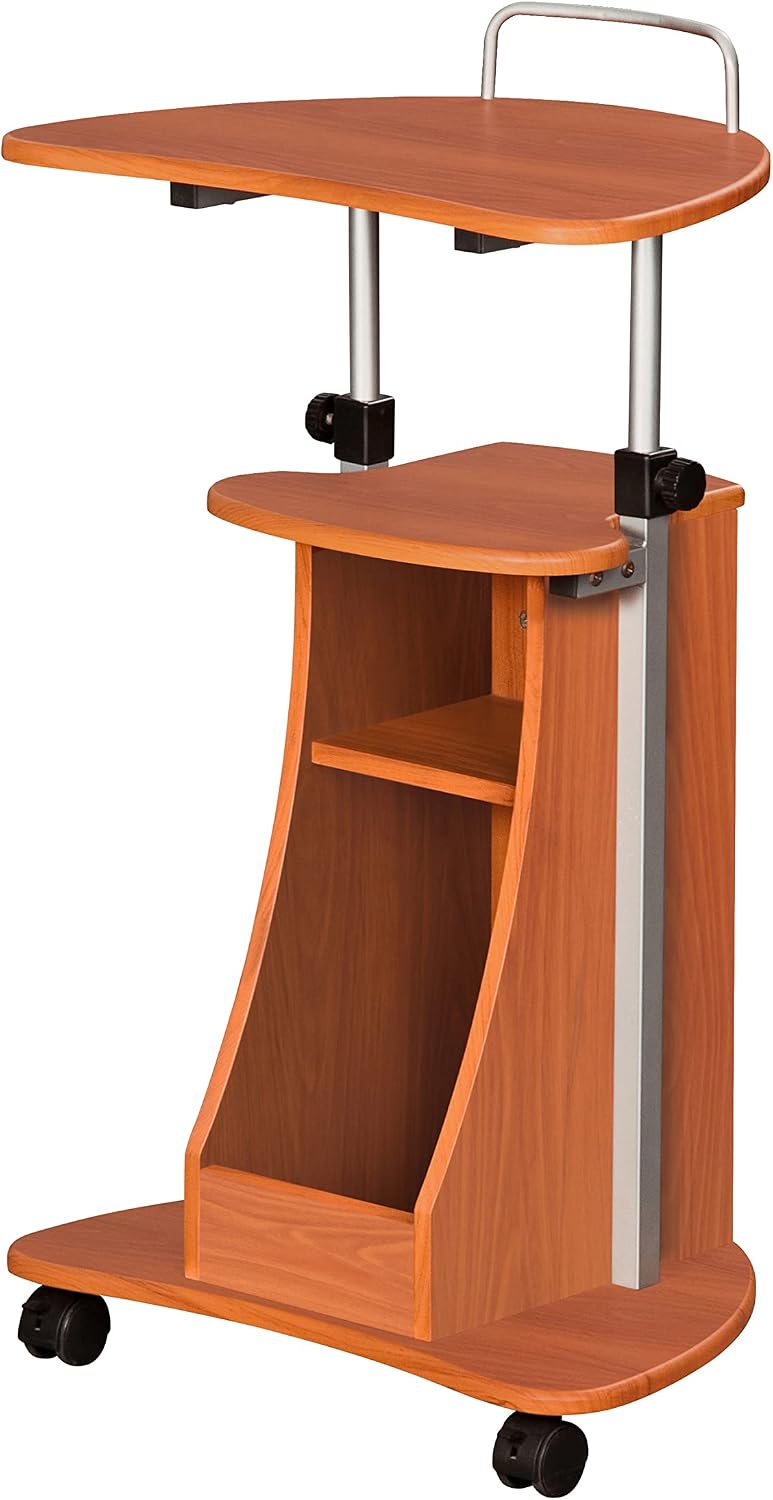 Techni Mobili Adjustable Height Rolling Laptop Cart with Storage, Graphite | Adjustable height rolling laptop cart with storage drawer, open shelf, wheels, sit‑stand design for office or medical use