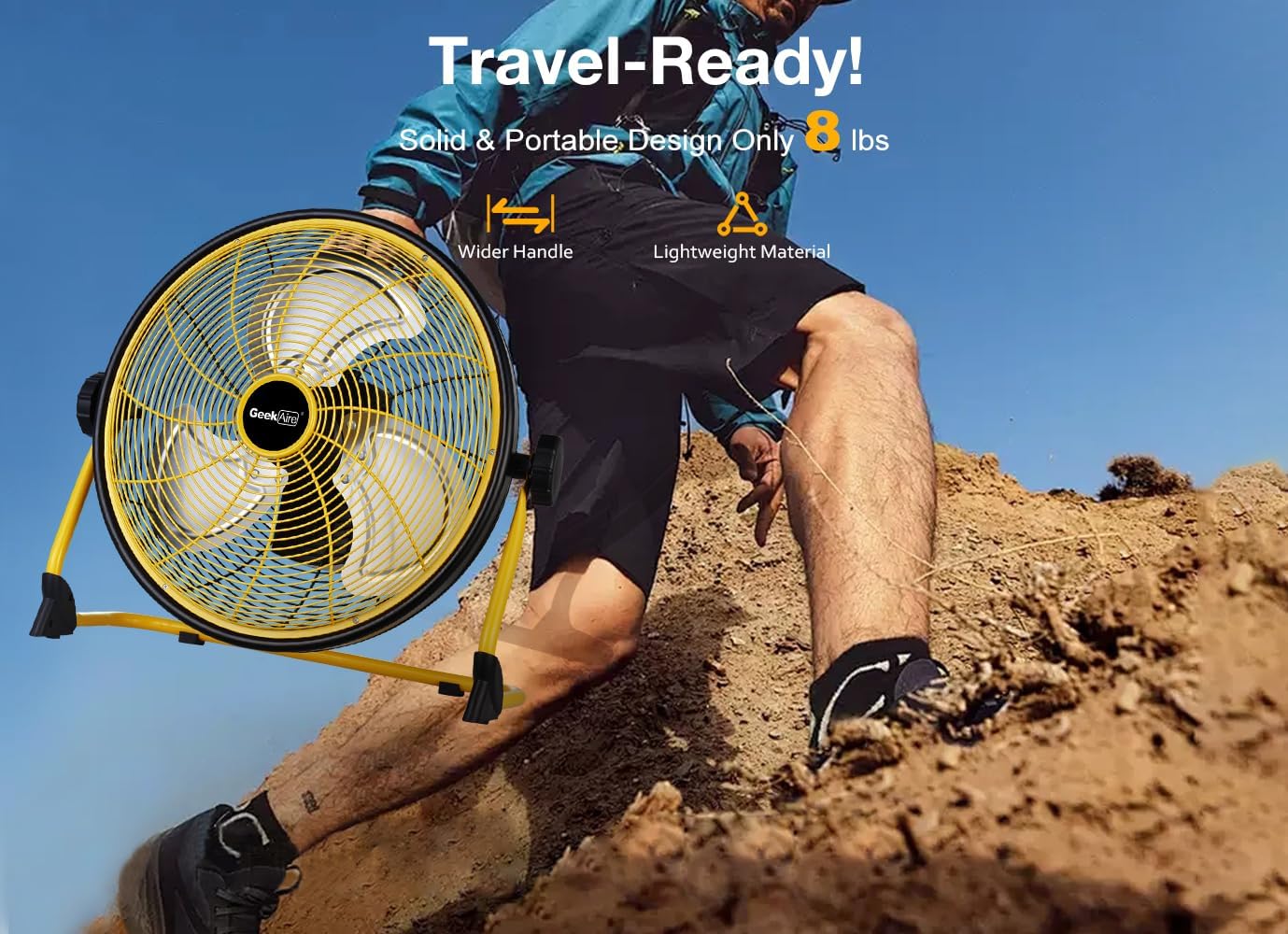 Geek Aire 16" Portable Battery Operated Floor Fan, Metal High Velocity Fan | 24 Hour Runtime, 1900 CFM Airflow, Powerful Brushless Motor, 360° Tilt