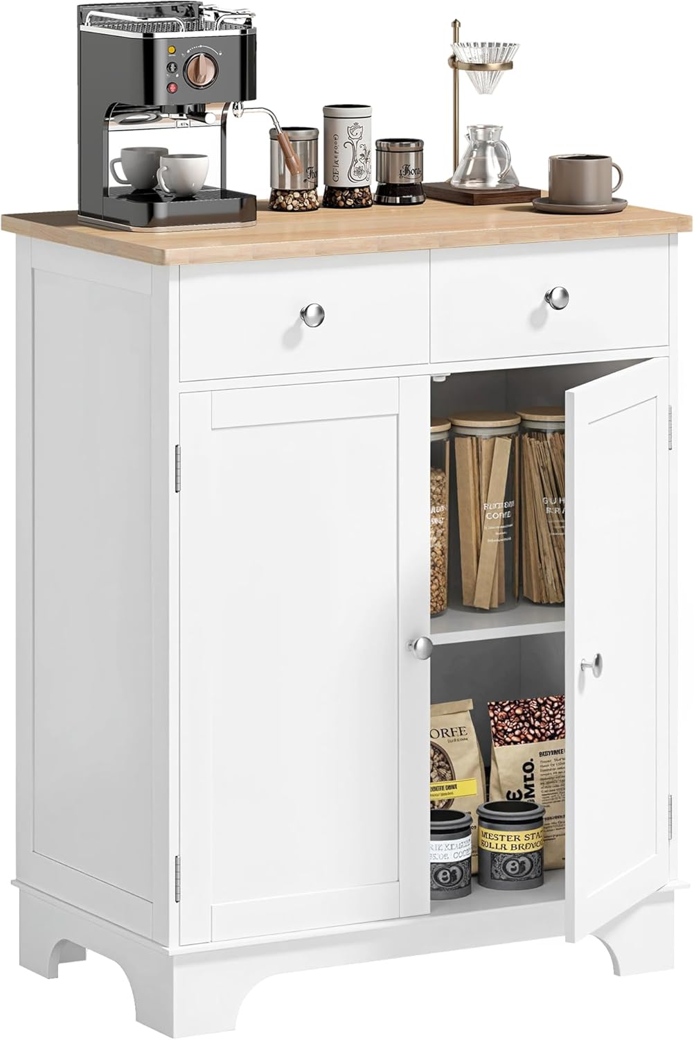 HOMCOM Sideboard Buffet Cabinet Solid Wood Countertop White