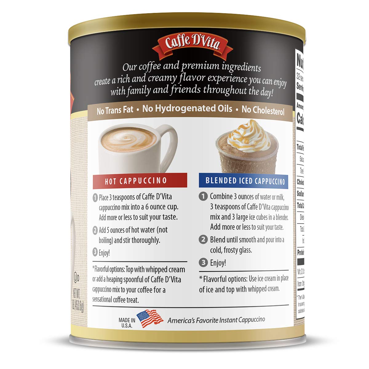 Caffe D'Vita Mocha Cappuccino Mix - 4 lb can (64 oz.) | Instant Cappuccino Mix, Gluten Free, No Cholesterol or Trans Fat, 99% Caffeine Free, Mocha