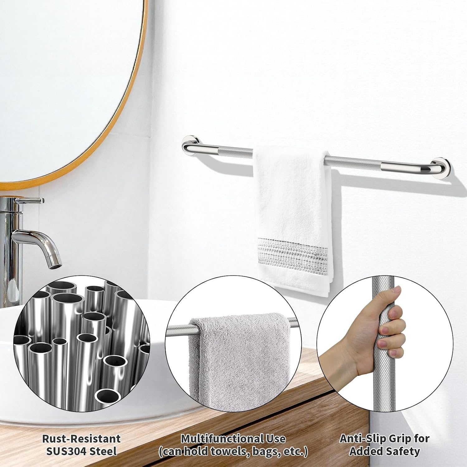 40 Inch Brushed Nickel Shower Grab Bar Anti-Slip Knurled Grip,Safety Handle | YuanDe 1.25" Diameter Stainless Steel Bathroom Grab Bars, Handicap Injury Elderly Senior Assist Support Shower Handle-2Packs
