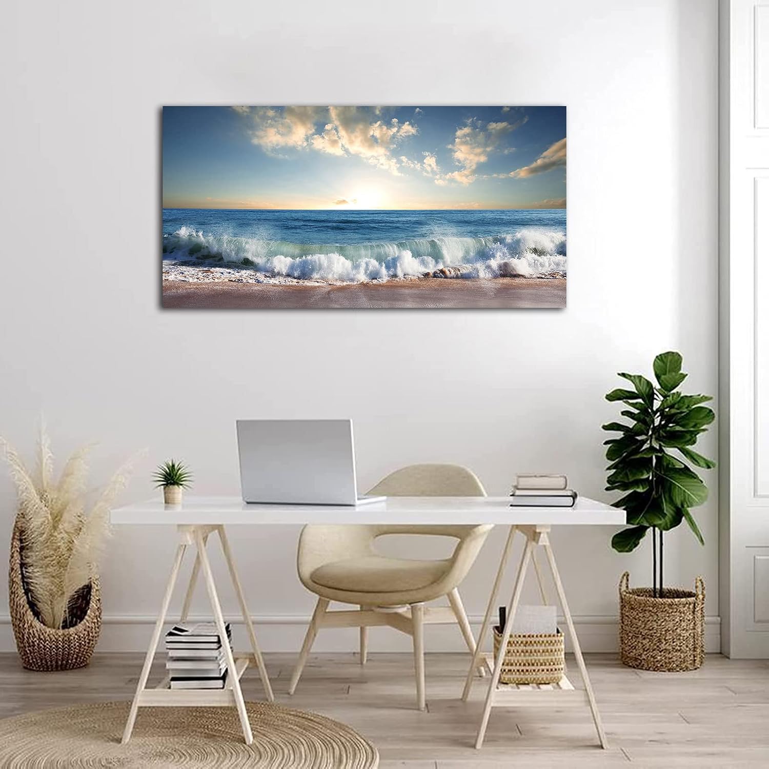 arteWOODS Ocean Wave Canvas Wall Art Beach Sunset Pictures Coastal Nature Artwork Blue Sea Painting Prints for Living Room Bedroom Home Office Decoration 20" x 40"