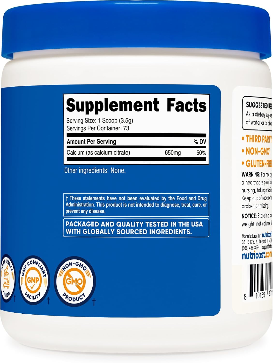Nutricost Calcium Citrate Powder (Unflavored) 500 Grams, Gluten-Free | Pure Calcium Citrate, No Fillers (1.1lbs)