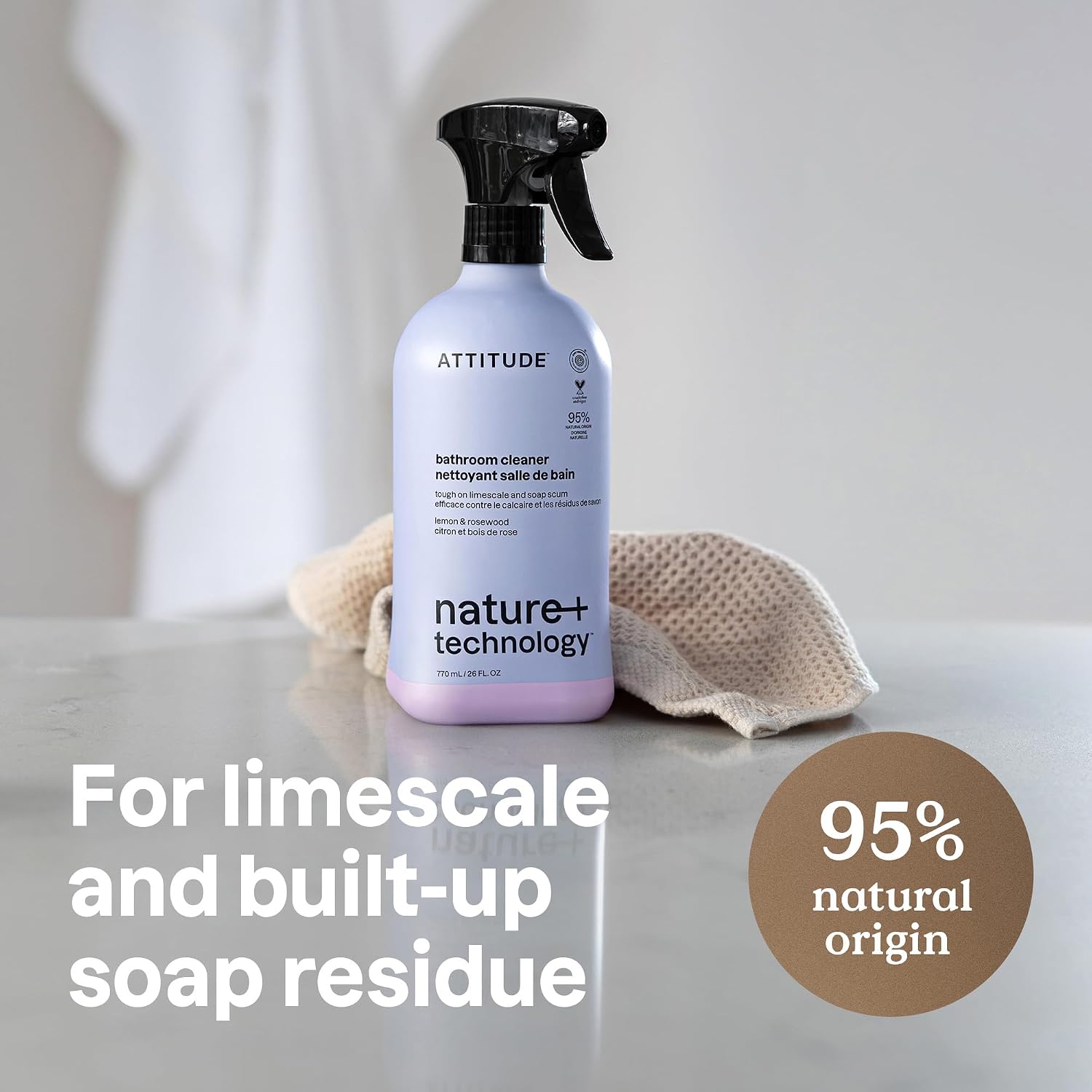 ATTITUDE Bathroom Cleaner Spray, EWG Verified, Plant-Based & Vegan, Safe for Bathroom Surfaces, Tiles, Tubs, Shower Walls, and Grout, Citrus Zest Scent, 27.1 Fl Oz