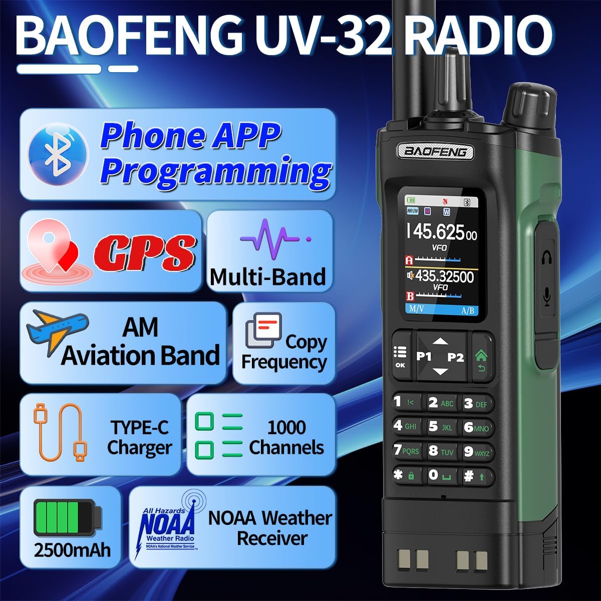 BAOFENG UV-32 Radio Ham Radio Handheld 10W Long Range Rechargeable NOAA Weather Receiver 5RM K5 Tactical Two Way Radio Walkie Talkie for Adults with