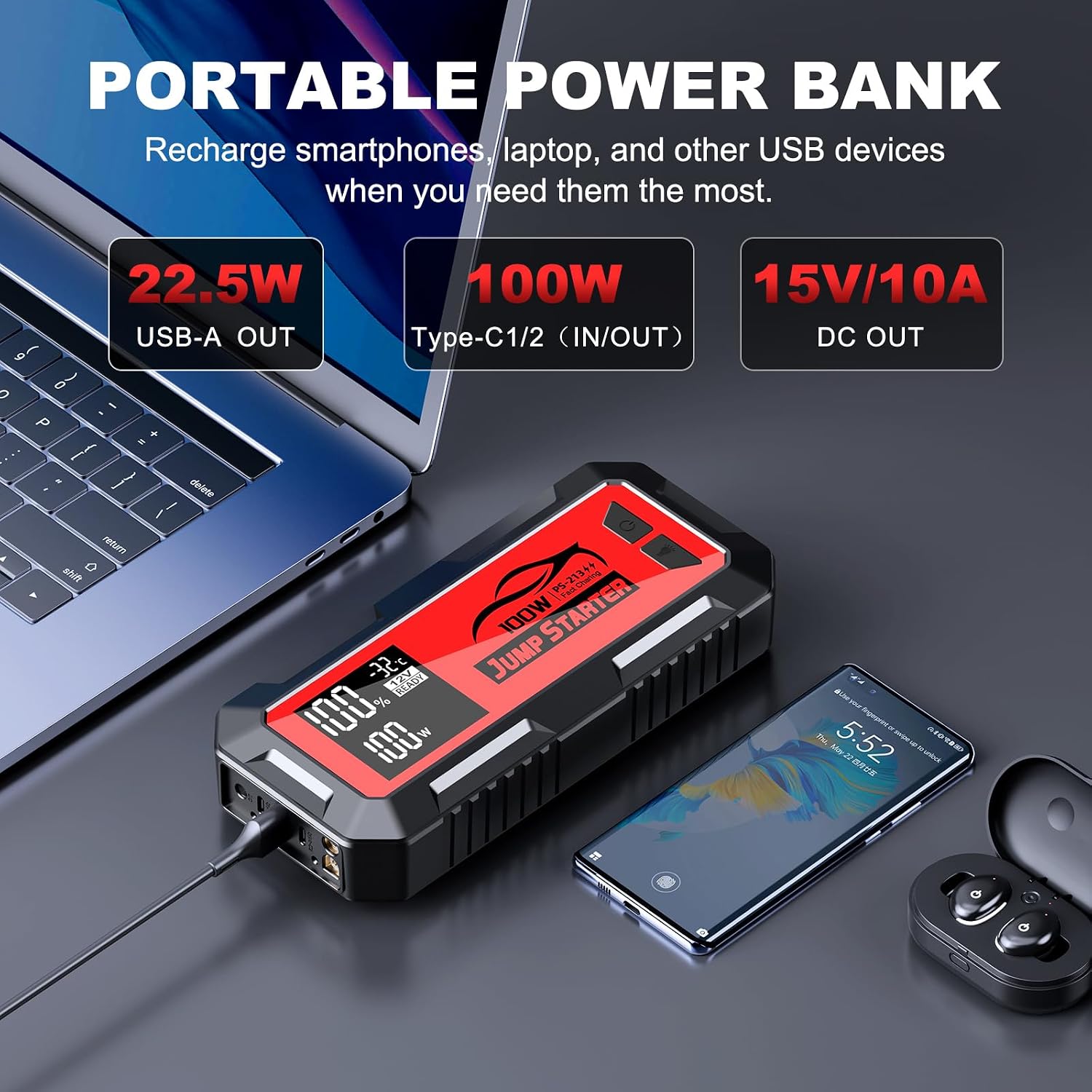 16000A Battery Jumper Starter Portable, PD 100W Output Power Bank, 12V Car Starter Jump Box & Battery Booster for All Gas & Up to All Diesel Engines