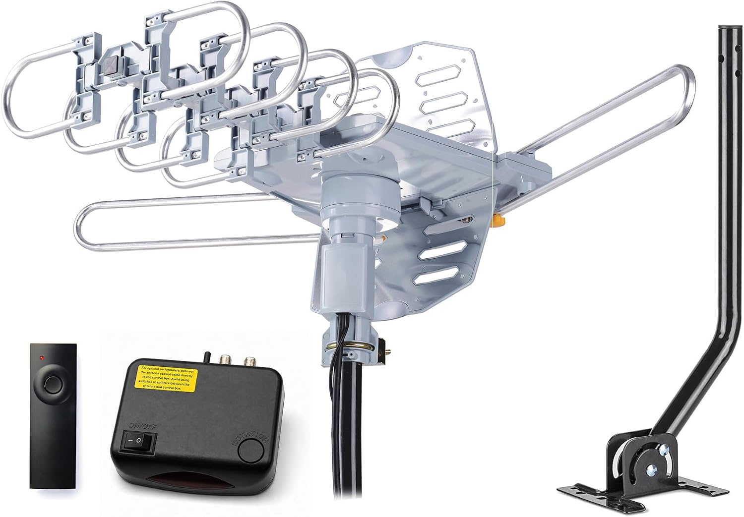 Amplified Outdoor TV Antenna with 360° Motorized Rotation, UHF/VHF Long-Range Reception, Remote Control, Mounting Pole & 40FT RG6 Cable