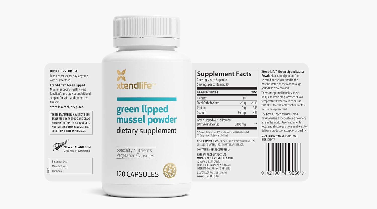 Xtendlife Green Lipped Mussel Supplement, 30 Day Supply | 2400mg Joint Support Formula with Omega‑3 Fatty Acids – New Zealand Sourced Mussel Powder for Mobility & Flexibility