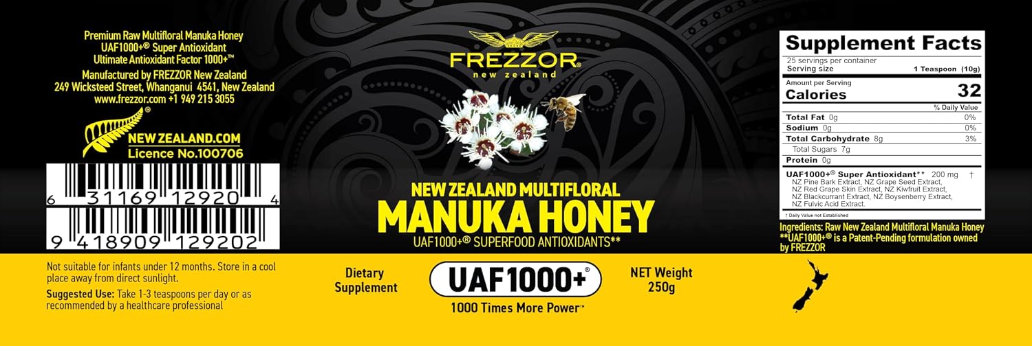 FREZZOR Premium New Zealand Raw Multifloral Manuka Honey with UAF1000+ Super Antioxidant, 230% More Bioactive, Best Support for Everyday Wellness