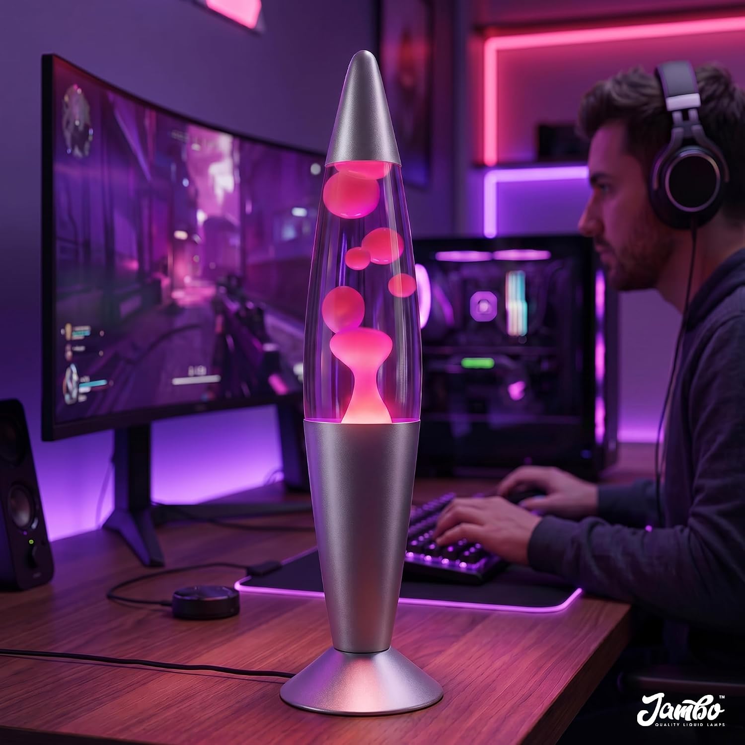 JAMBO 16" Beautiful Lamp- Purple with Yellow/Orange Wax, Relaxing Liquid Light, Night Light Nightlight