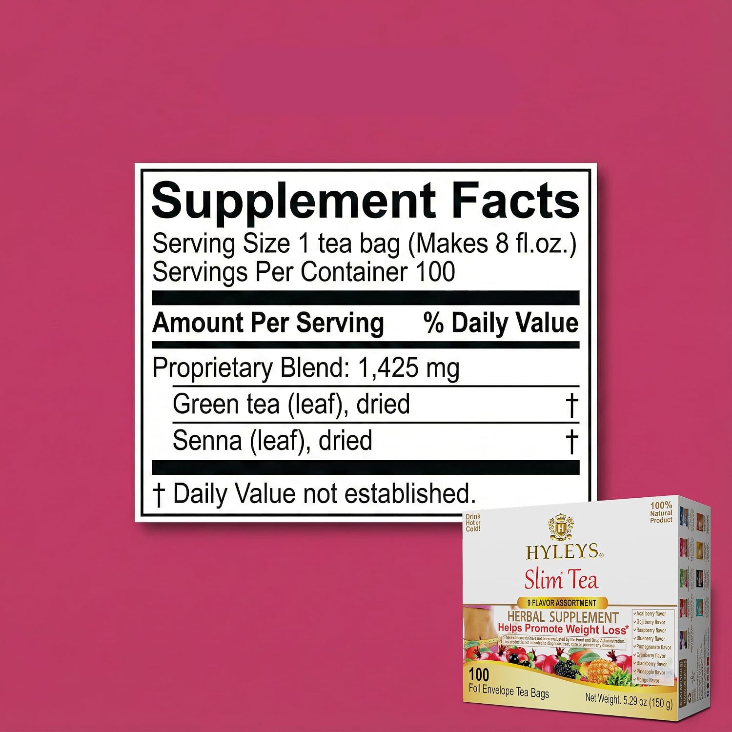 HYLEYS Slim Tea Goji Berry, Weight Loss Detox, Slimming Diet Tea, 25 Bags | Green Tea, Senna Detox & Cleanse, 3 Natural Ingredients, No Added Sugar, 1-Step Bedtime Routine, Supports Digestion