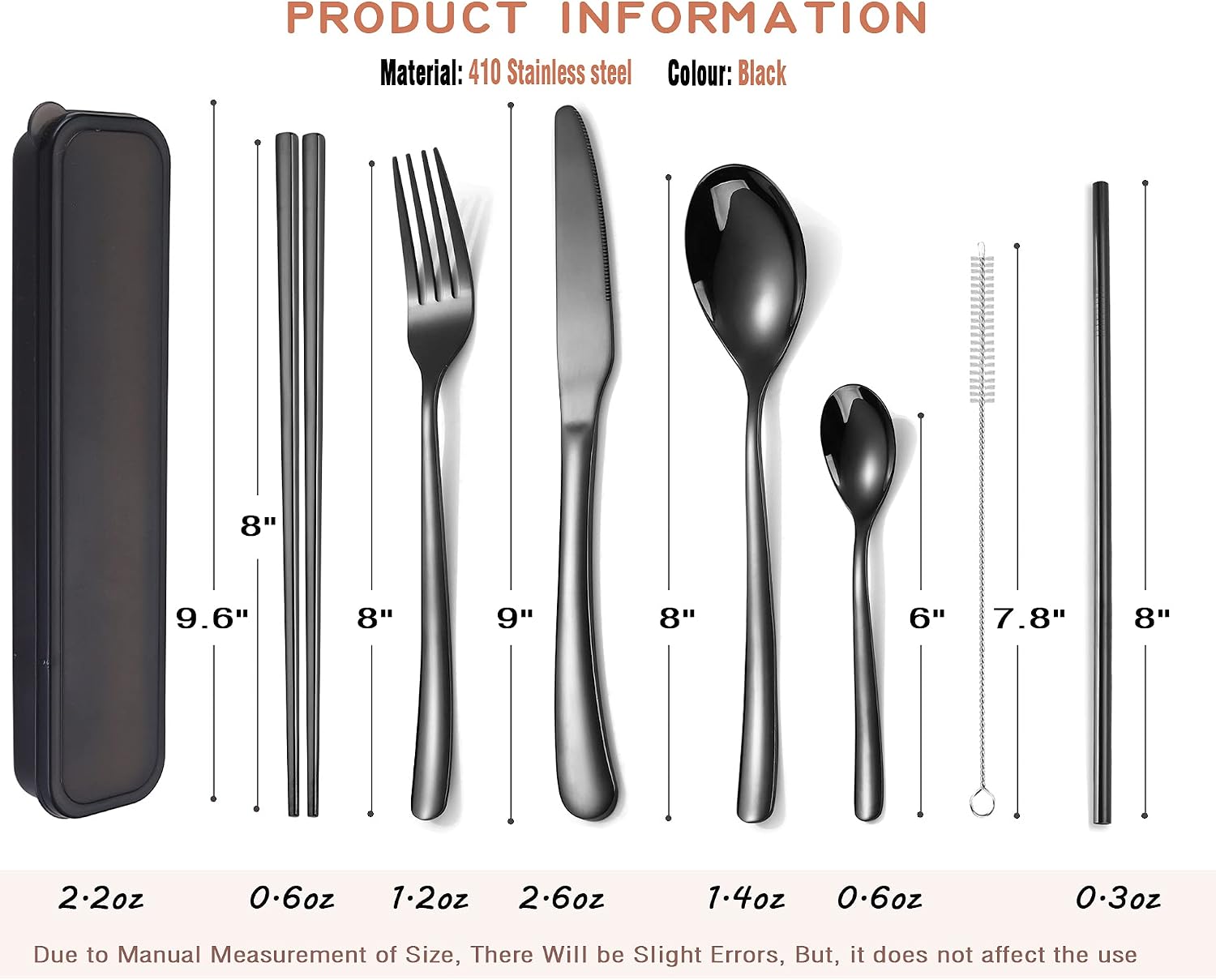 AARAINBOW 6 Pieces 18/8 Stainless Steel Flatware Set Portable Reusable Cutlery Set Travel Utensils Set Including Chopsticks Knife Fork Spoon Straws