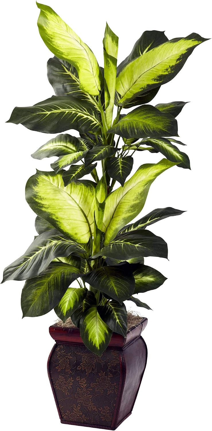 Nearly Natural 45 in Artificial Golden Dieffenbachia with Decorative Pot | Lush Variegated Leaves, Faux Greenery in Decorative Planter