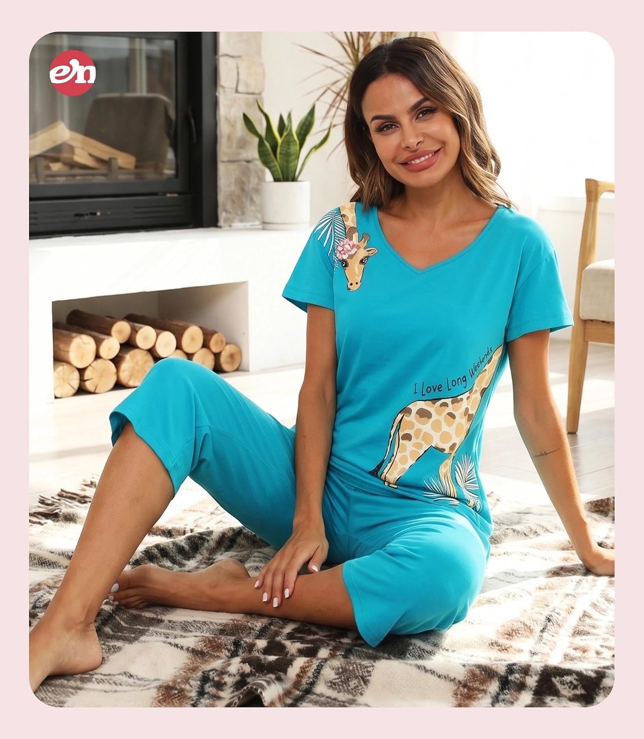 ENJOYNIGHT Womens Pajama Set Cotton Short Sleeve Top With Capri Pants Pj
