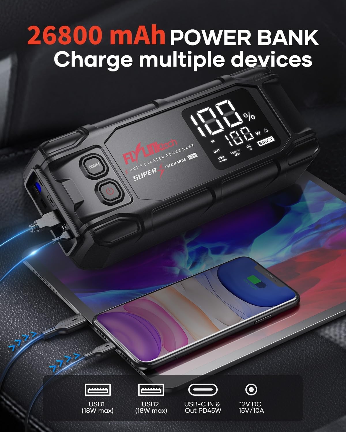 FLYLINKTECH Car Battery Jump Starter, 8000A Peak 26800mAh Jump Start Battery Pack(for All Gas or up to 12L Diesel)