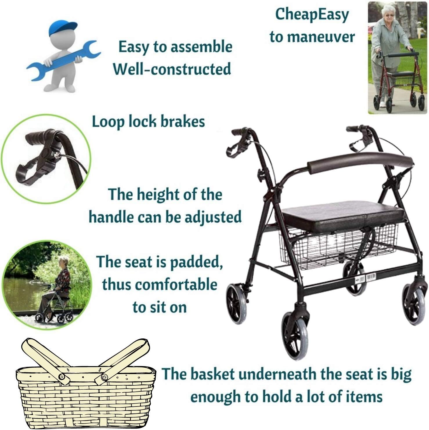 Heavy Duty Medical Bariatric Heavy Duty Rollator Walker with Seat and 4 Wheels, with Large Seat for Seniors, 8 Inch Wheels 400LB, Basket and Brakes