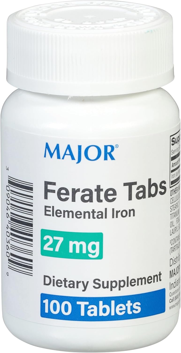 Major 27 mg Ferate Tabs - Ferrous Gluconate Elemental Iron Dietary Supplement - 100 Count (3 Pack)
