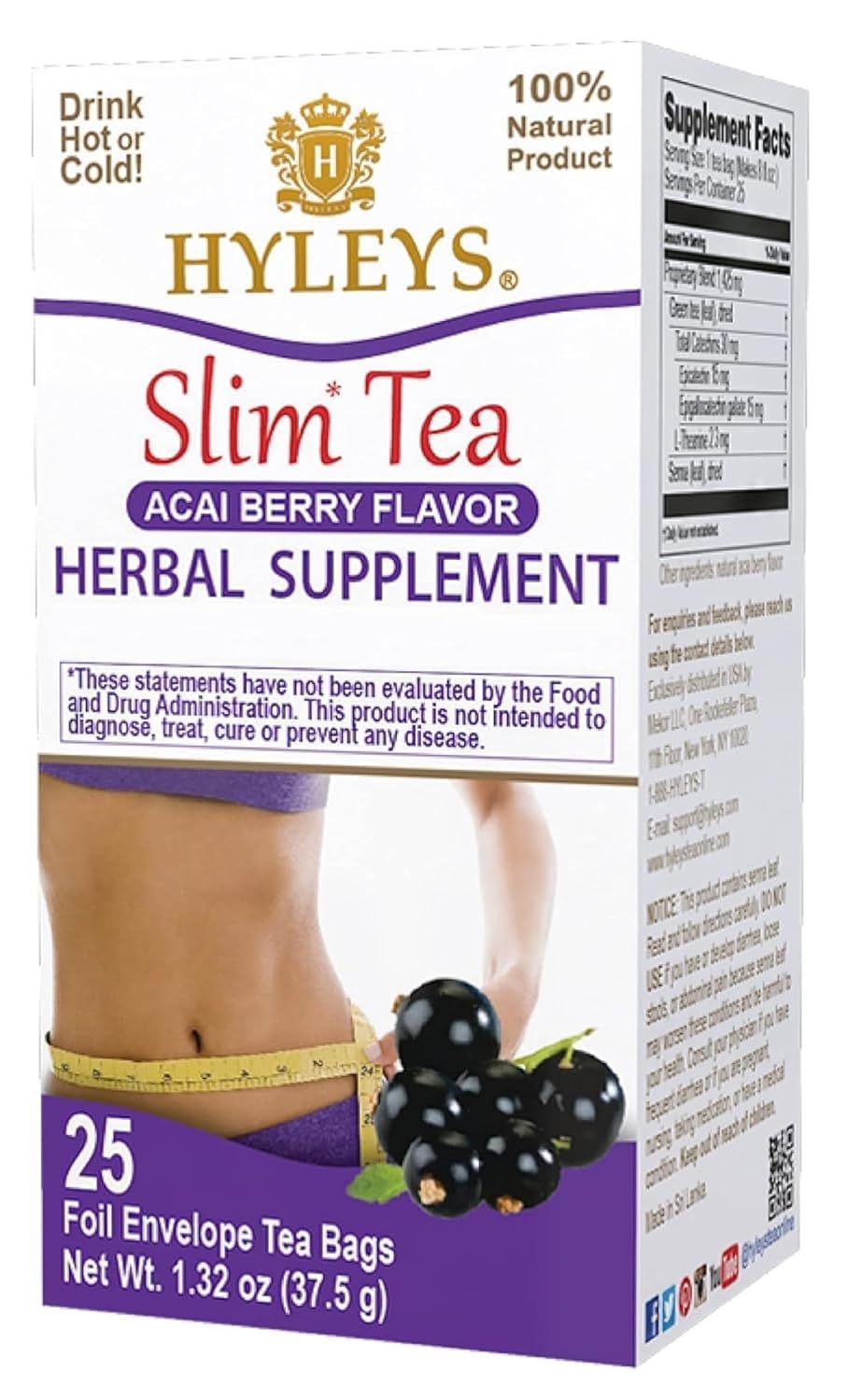 HYLEYS Slim Tea Goji Berry, Weight Loss Detox, Slimming Diet Tea, 25 Bags | Green Tea, Senna Detox & Cleanse, 3 Natural Ingredients, No Added Sugar, 1-Step Bedtime Routine, Supports Digestion