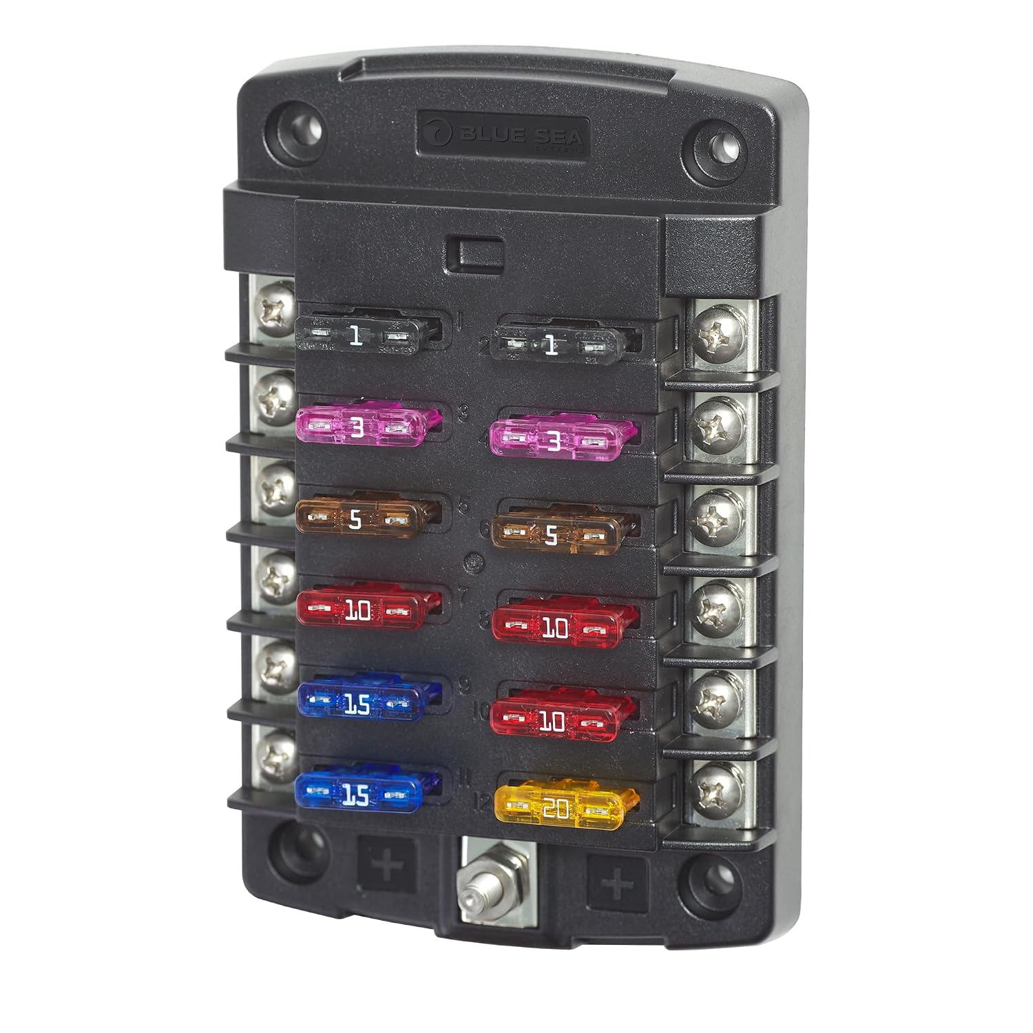 Blue Sea Systems ST Blade Fuse Block 6 Way Circuits with Negative Bus and Cover, 100 Amps, 5025