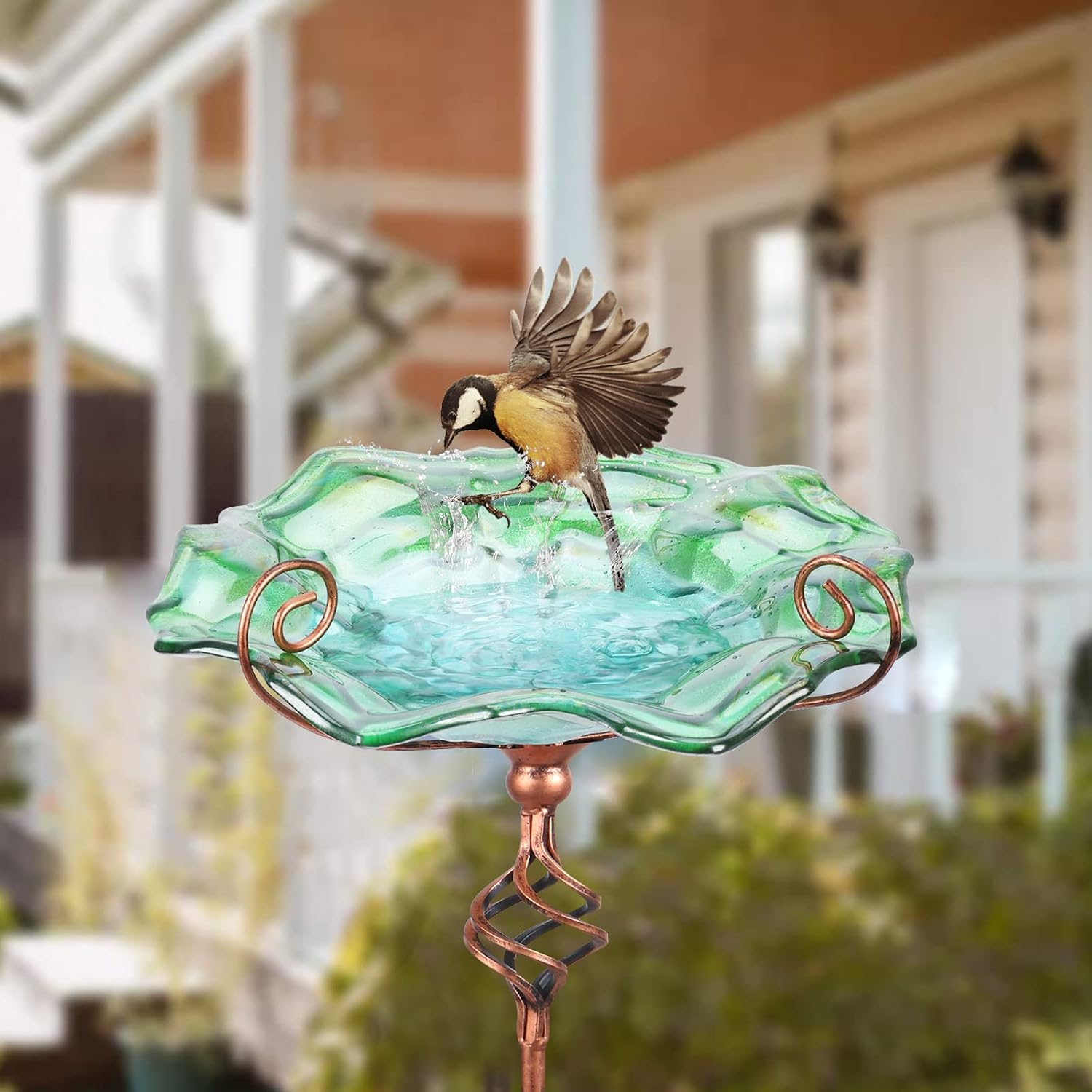 VCUTEKA Glass Bird Bath Outdoor Birdfeeder with Metal Stake Garden Decor