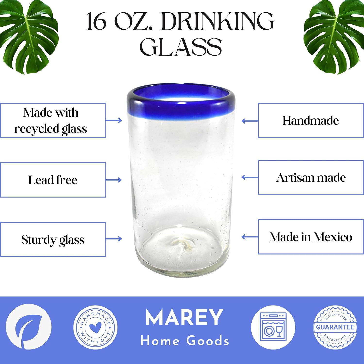 MAREY Hand Blown Drinking Glasses Artisan Crafted from Mexico Set of 6 pieces (Cobalt Blue Rim, Water 16 Oz.)