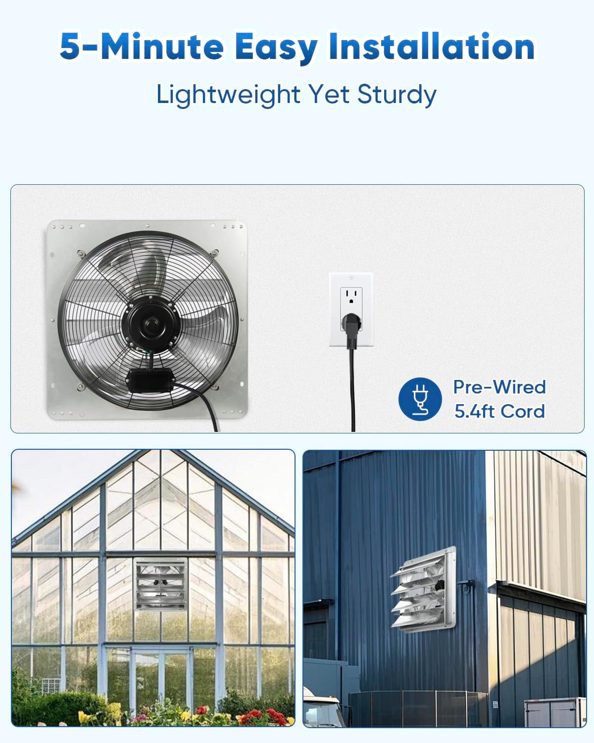 KEN BROWN 12 Inch Shutter Exhaust Fan Wall Mounted, Aluminum with 1.65 Meters Power Cord Kit, High Speed 1450CFM, Vent fan for Commercial, Greenhouse