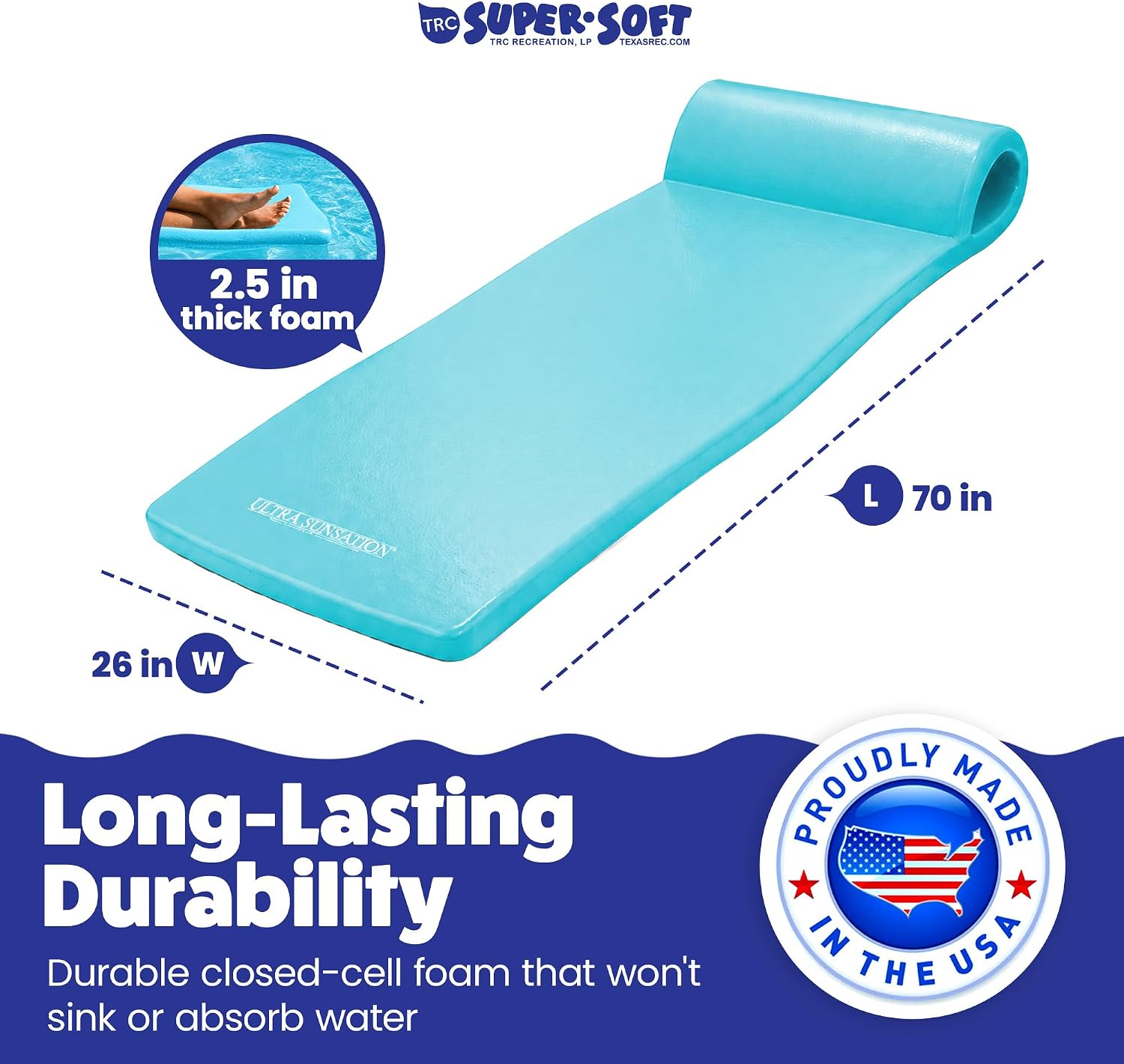 TRC Recreation Ultra Sunsation 2.5” Thick Vinyl Coated Foam Swimming Pool Float Mat Adult Lounger with Built-in Roll Pillow