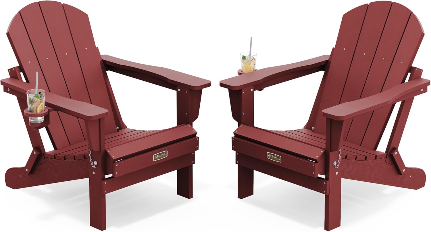 SERWALL Folding Adirondack Chairs with Cup Holder, Outdoor Fire Pit - Blue