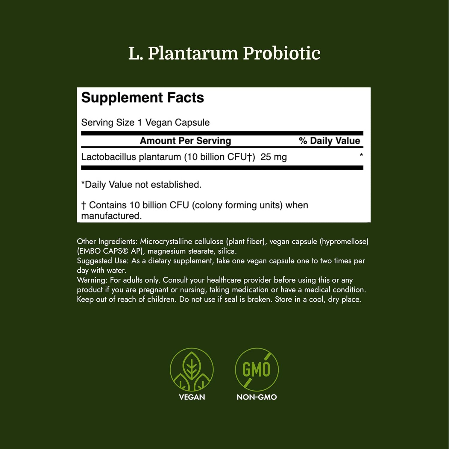 Swanson L. Plantarum - 10 Billion CFUs - Probiotic Supplement for Occasional Gas & Bloating - Supports Lower GI Tract Health* - No Refrigeration Needed - Non-GMO - 30 Vegan Capsules