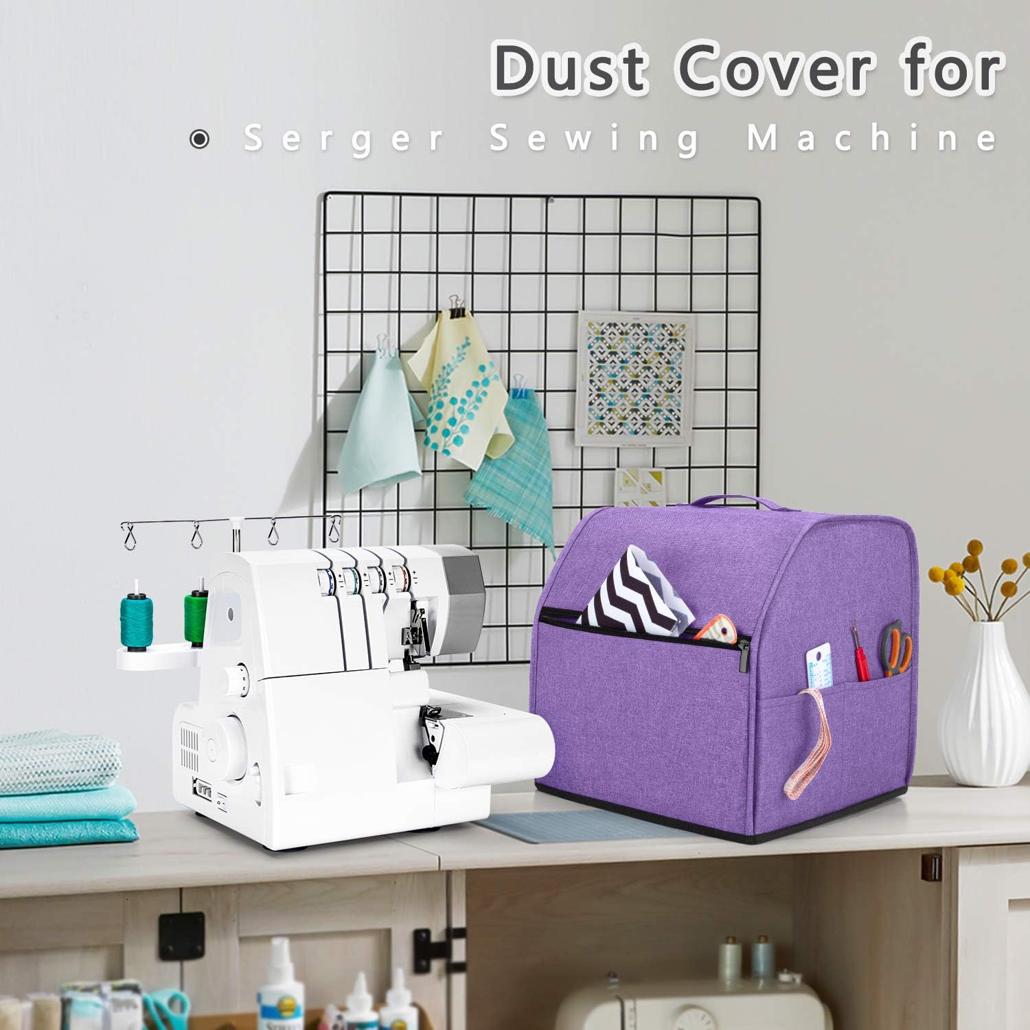 LUXJA Serger Machine Cover with Storage Pockets, Gray Dots