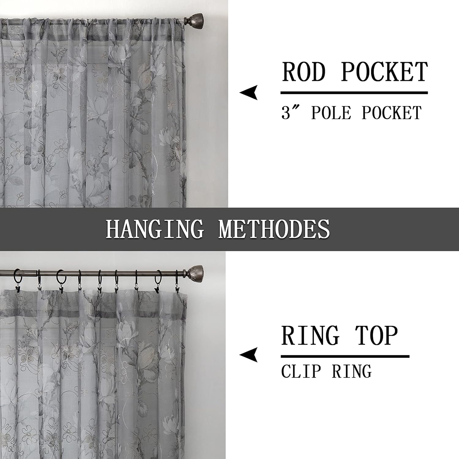 Tollpiz Floral Grey Sheer Curtain Flower Print Vine Embroidery Bedroom Curtains Rod Pocket Voile Window Curtain for Living Room, 54 x 84 inches Long