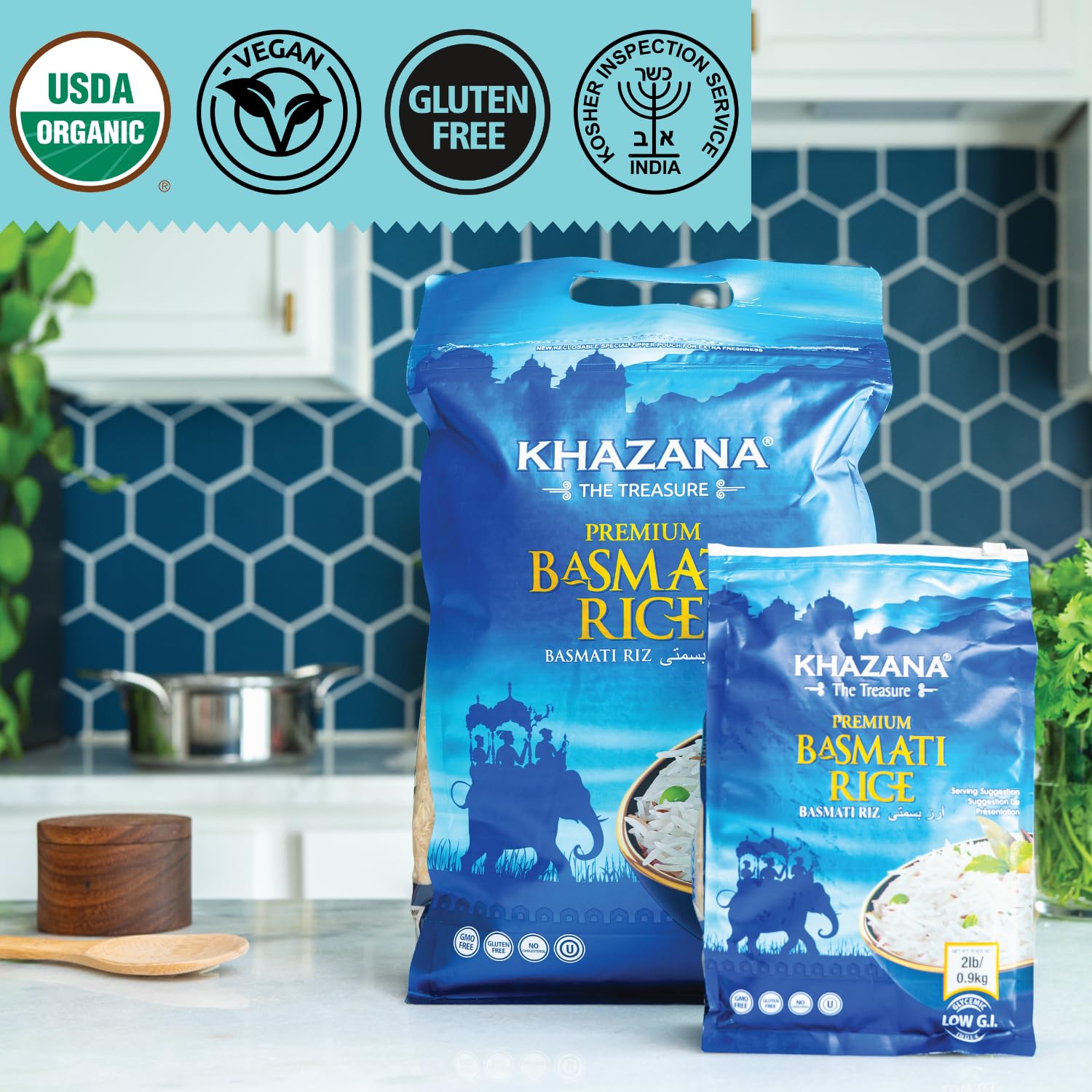 Authentic Premium Basmati Rice by Khazana in 10 lb Bag - Aromatic and Flavorful Indian Grain - Non-GMO, Gluten Free, Kosher, Cholesterol Free