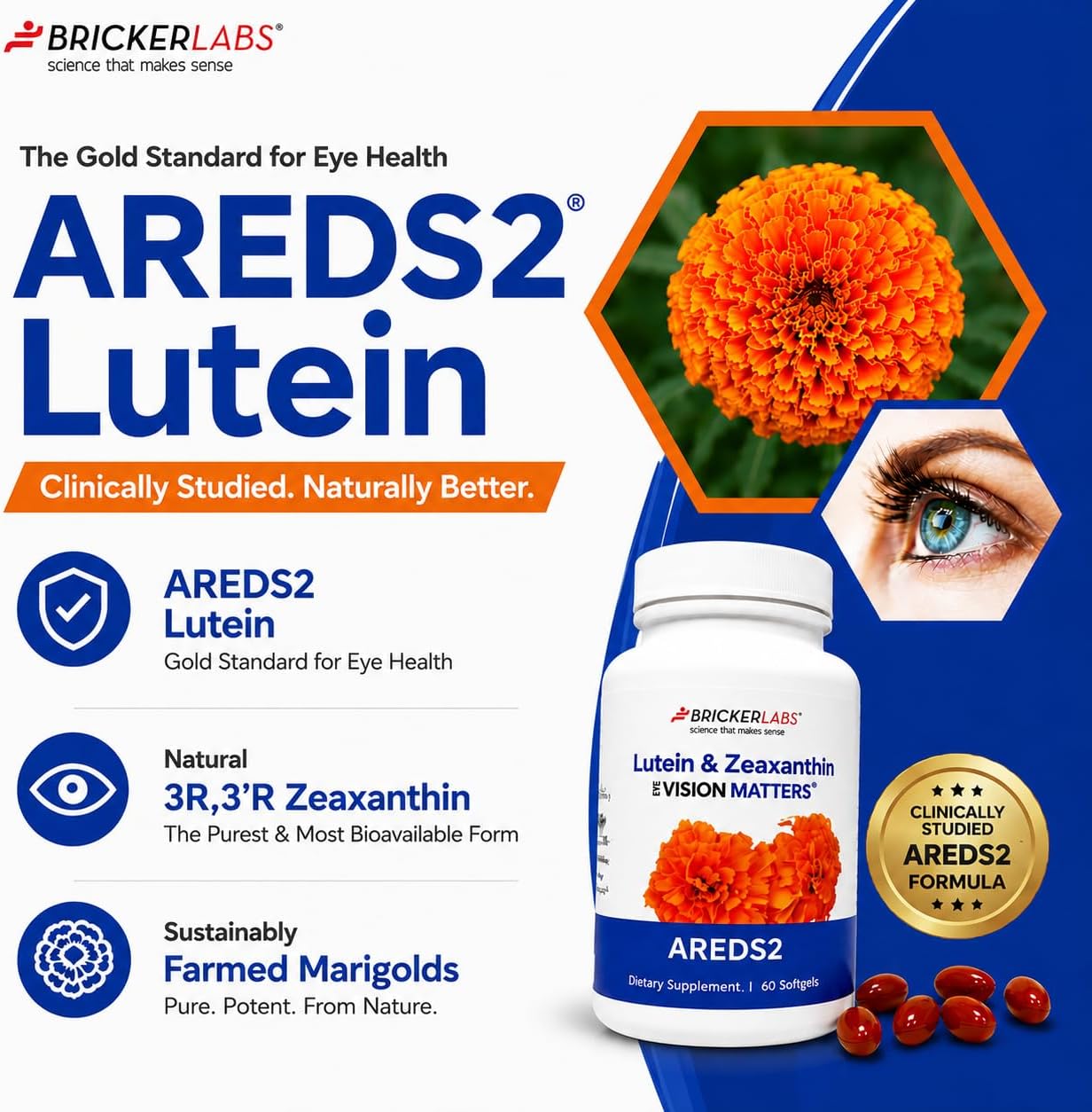 Bricker Labs Natural Lutein + Zeaxanthin Eye Supplement – Supports Eye, Brain, and Skin Health with Macular Carotenoids, Superior Bioavailability