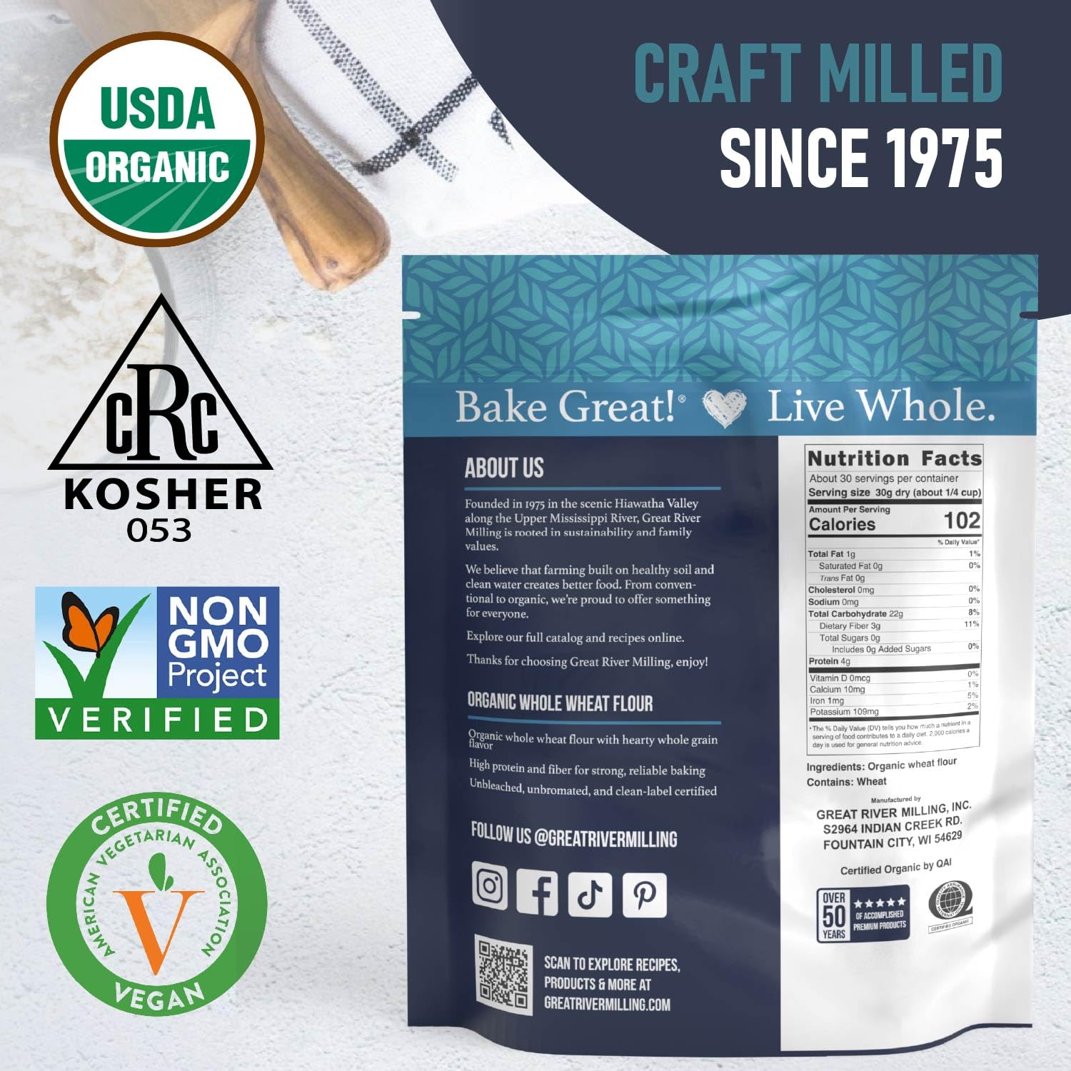 Great River Milling Organic Whole Wheat Flour, High Protein, 25 lb