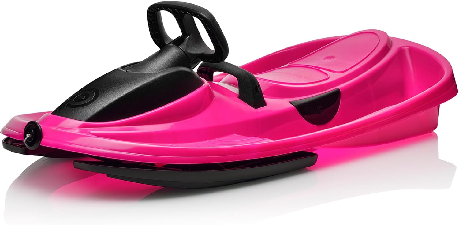 Snow Sled for Kids, Adults - Toboggan Sled, Easy Turning Steering Wheel, Anti-Slip Seat, Pull Up Brake, Durable Plastic Sled, Lightweight, Snow Sleds