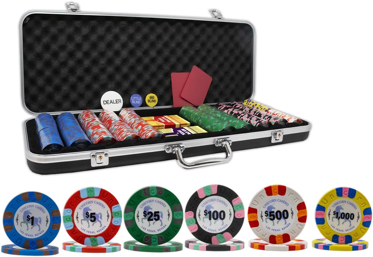 DA VINCI Unicorn All Clay Poker Chip Set with 500 Authentic Casino Weighted 9 gram Chips, Black ABS Case, 2 Decks of Plastic Playing Cards