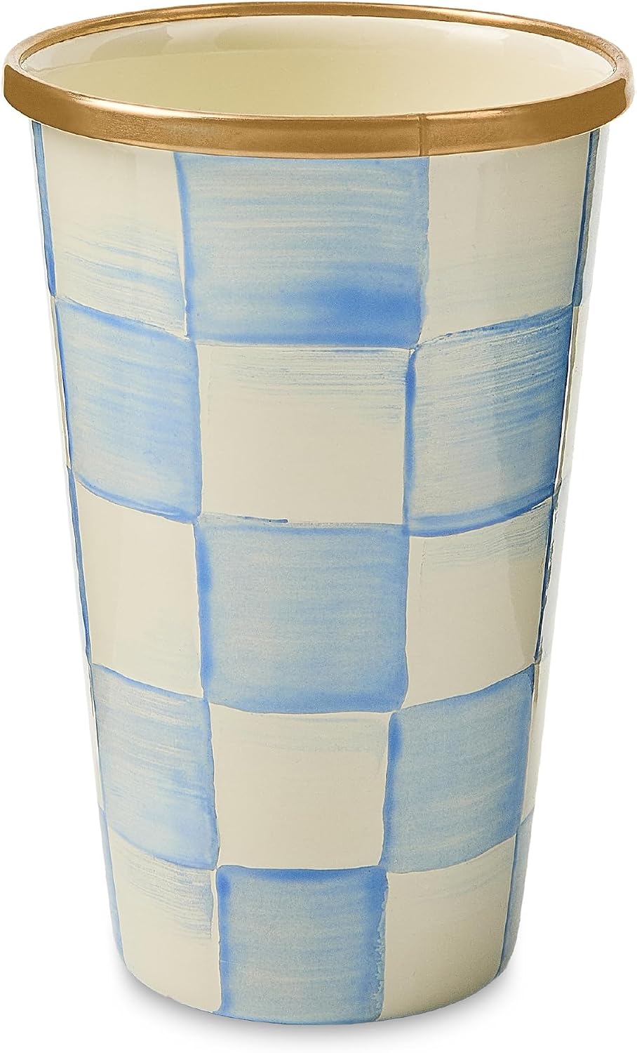 MACKENZIE-CHILDS Enamel Tumbler, Black-and-White Courtly Check | Hand-painted design, elegant drinkware with gold rim, 2.75" dia. x 4.5" H, 10-ounce capacity