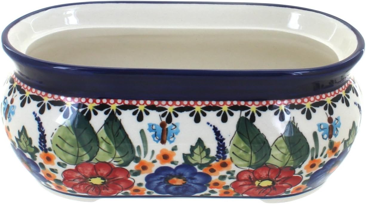 Blue Rose Polish Pottery - Red Floral Butterfly Small Planter - 8" x 4.5" - Ceramic Flower Pot, for Indoor or Outdoor Garden Décor