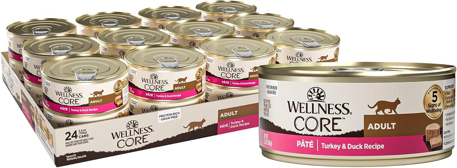 Wellness CORE Pate Adult Canned Wet Cat Food, Natural, Protein Rich, Grain Free, Turkey and Duck Recipe, 3 oz, Pack of 12 Cans