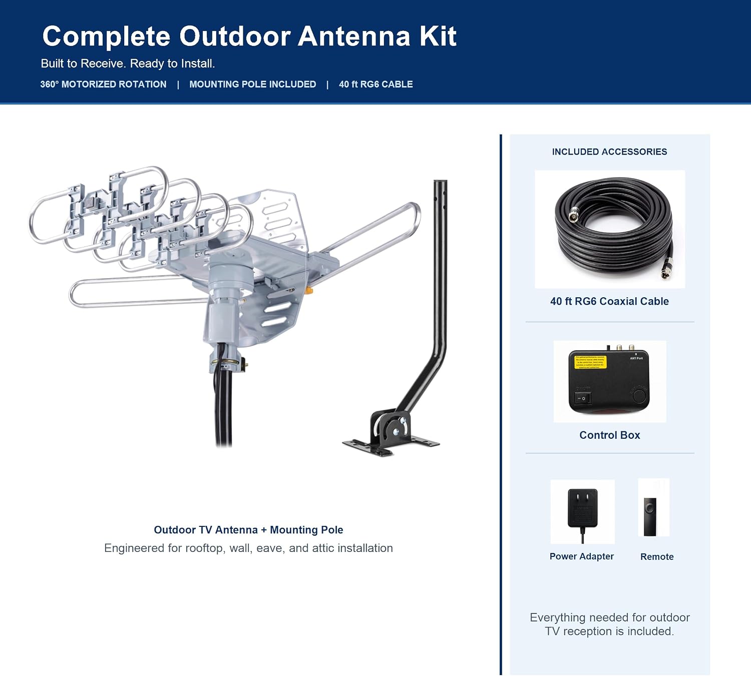 Amplified Outdoor TV Antenna with 360° Motorized Rotation, UHF/VHF Long-Range Reception, Remote Control, Mounting Pole & 40FT RG6 Cable