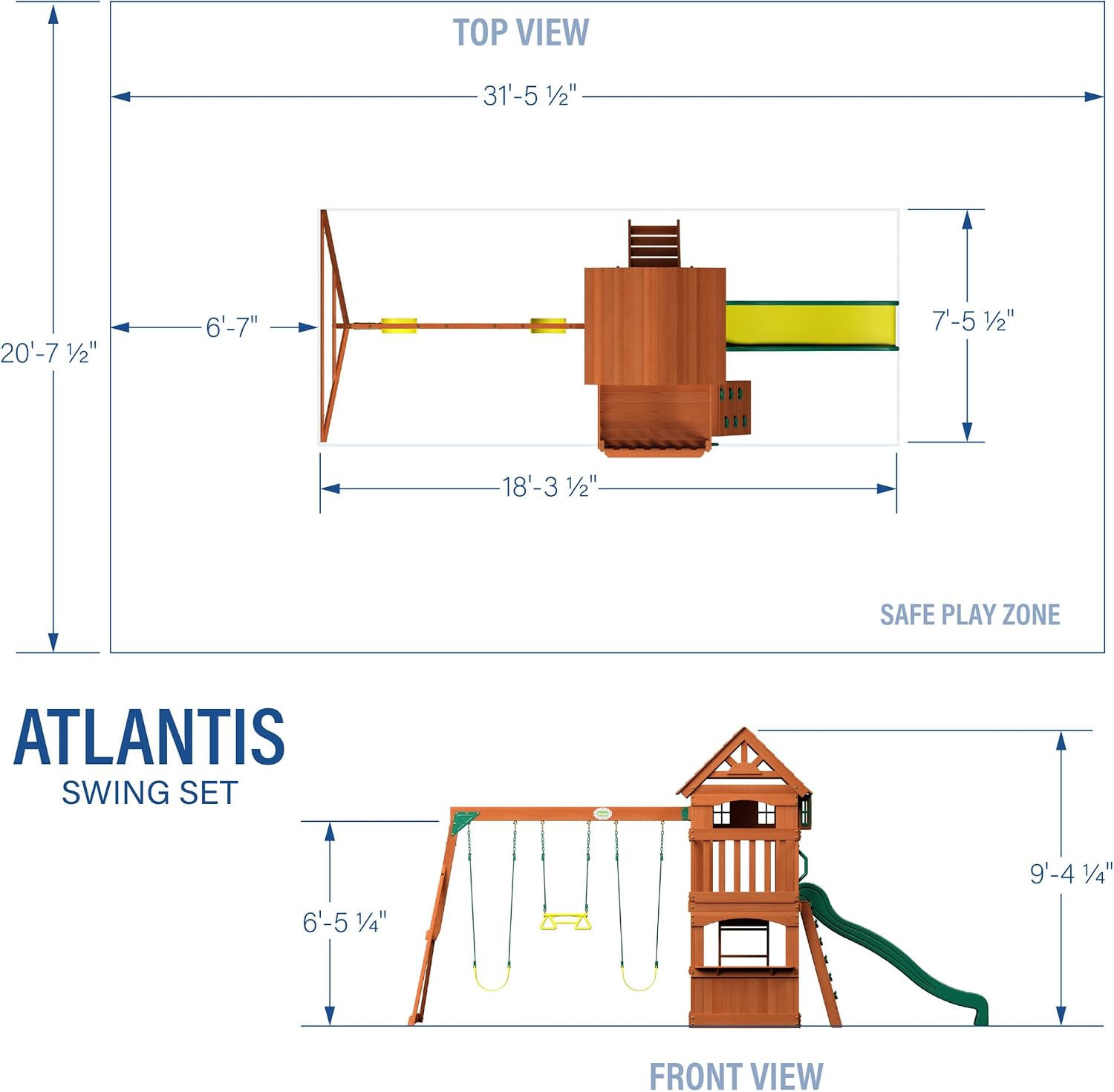Backyard Discovery Atlantis Cedar Wood Swing Set with Wave Slide, Raised Clubhouse, Rock Wall, Belt Swings, Trapeze, Balcony, Lower Play Space