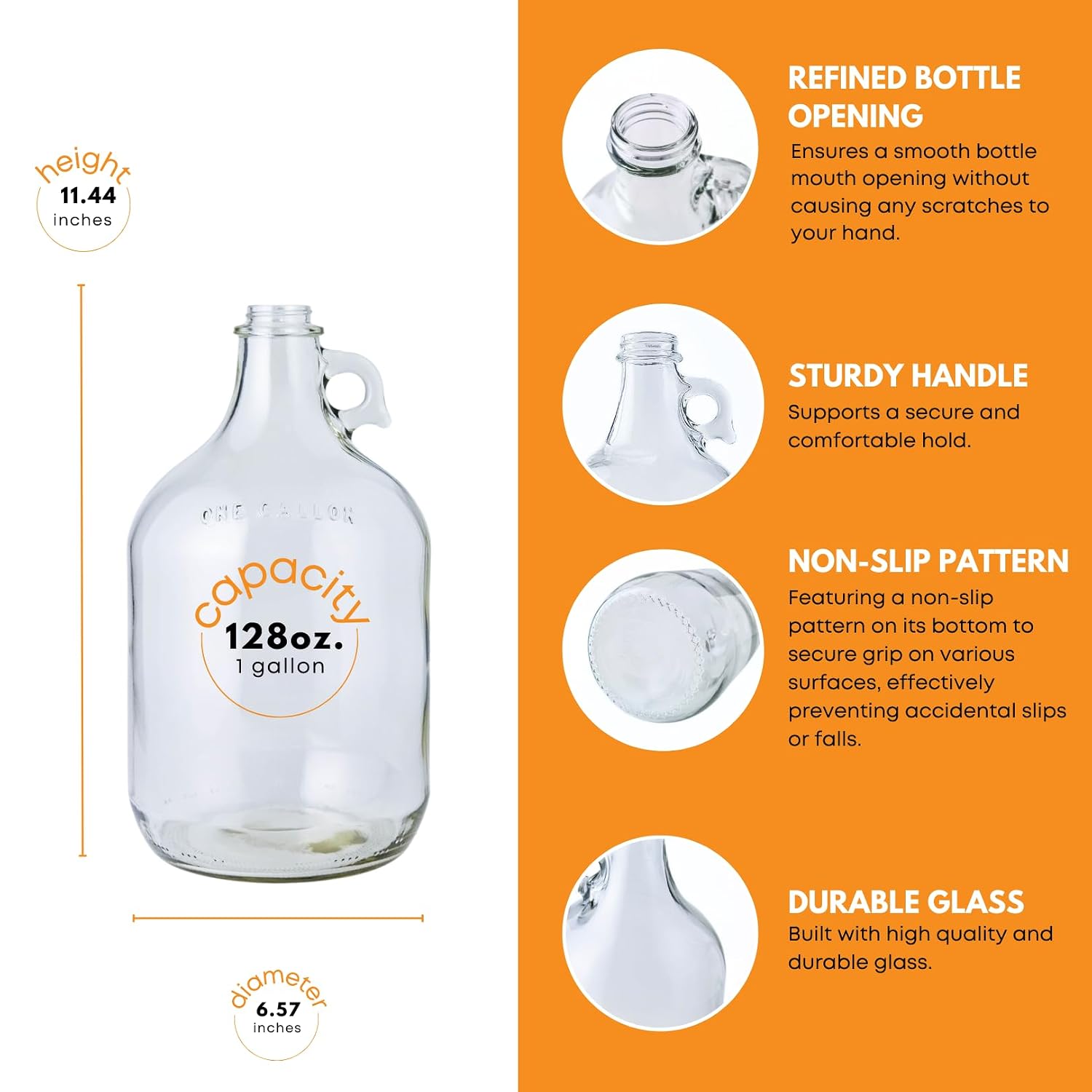 1 Gallon Glass Jug | 128 oz Clear Container Without Stopper or Cap | Reusable Glass Water Jug for juice, oils, syrups and liquid detergent, with a sturdy handle for storage | Laundry container