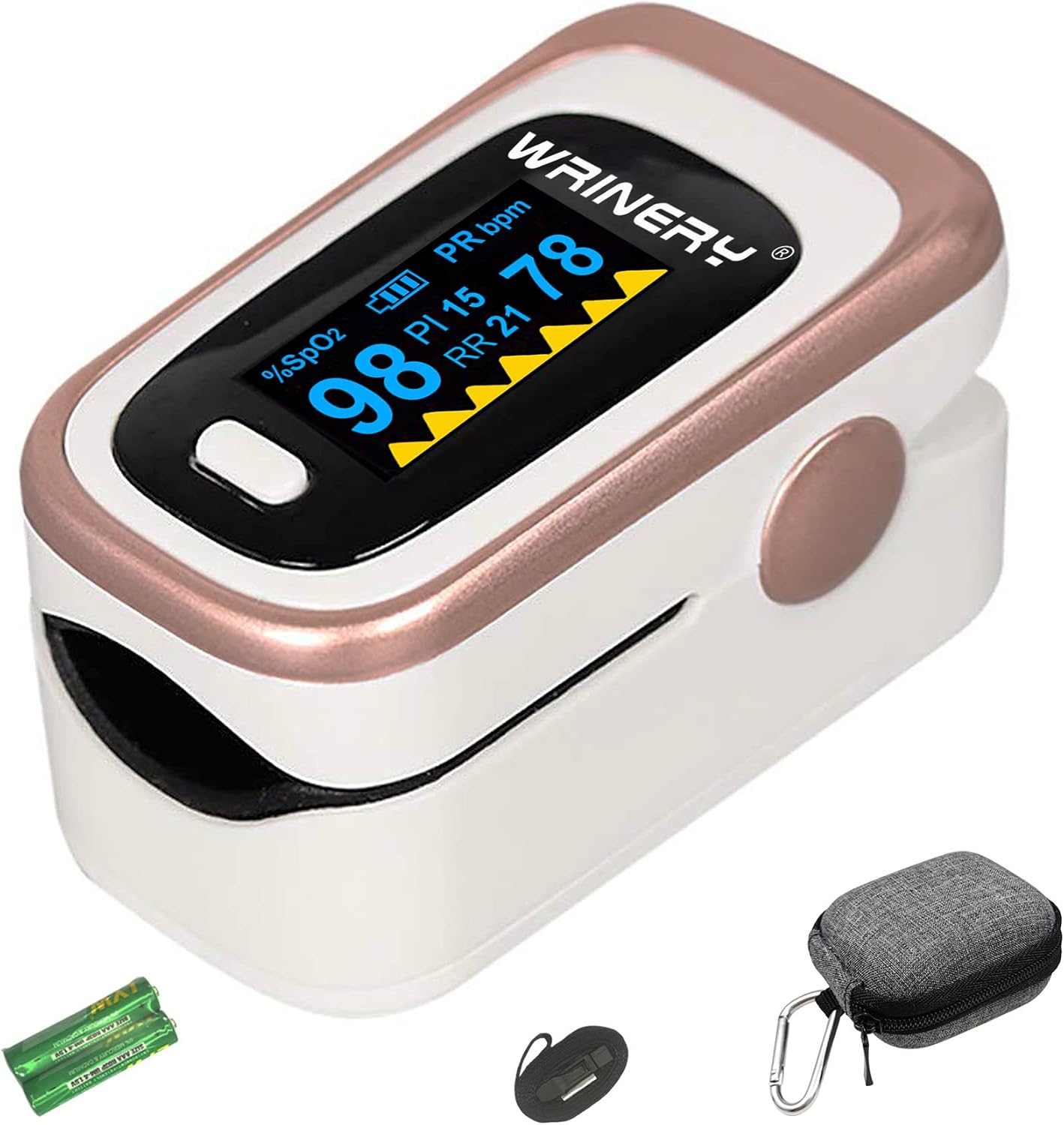WRINERY Oxygen Saturation Monitor, Pulse Oximeter Fingertip, Oxygen Monitor, O2 Saturation Monitor, OLED Portable Oximetry with Batteries