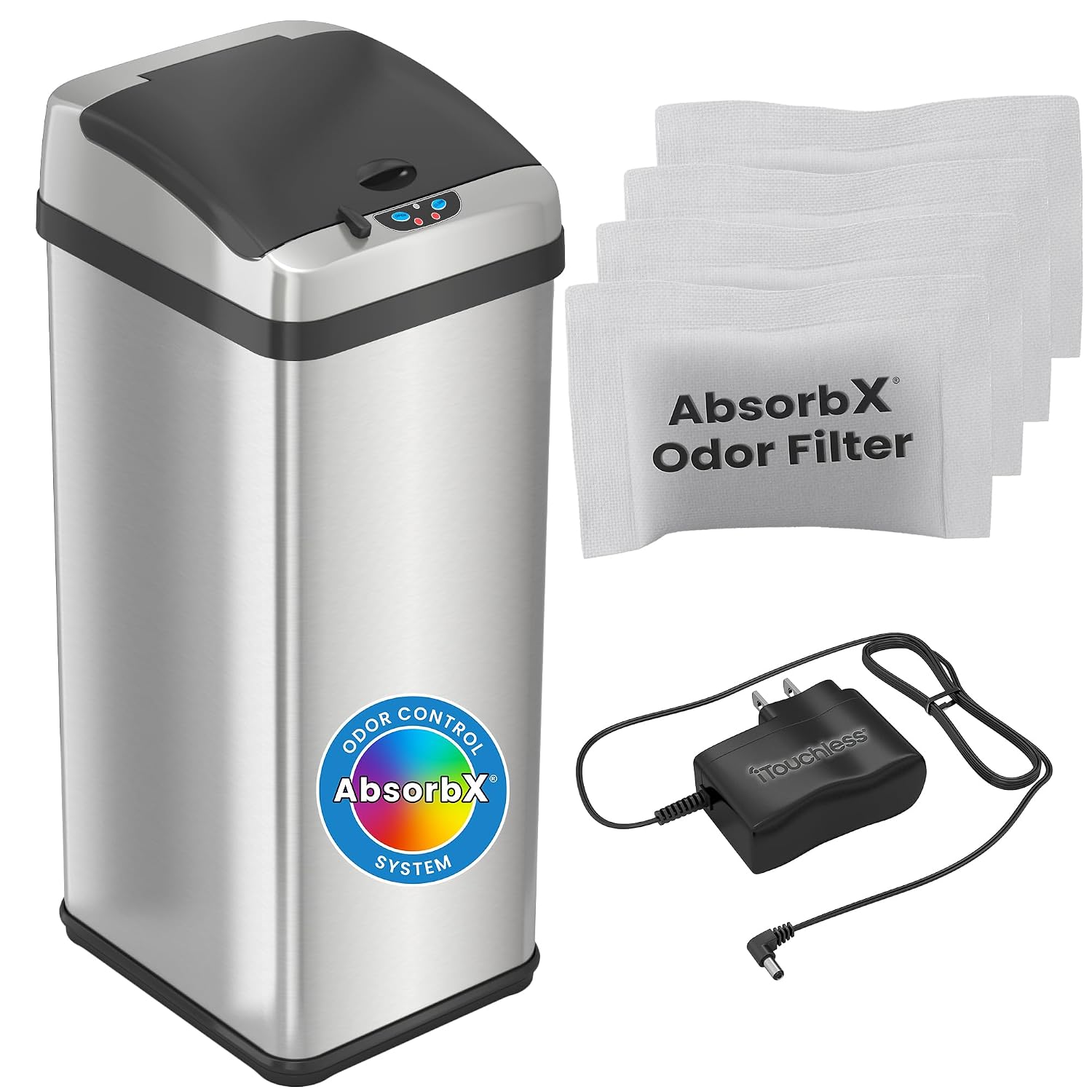 iTouchless Touchless Trash Can with AC Adapter, 3 Odor Filters Big Lid Opening Sensor Kitchen Garbage Bin, 13 Gallon, Stainless Steel, Platinum